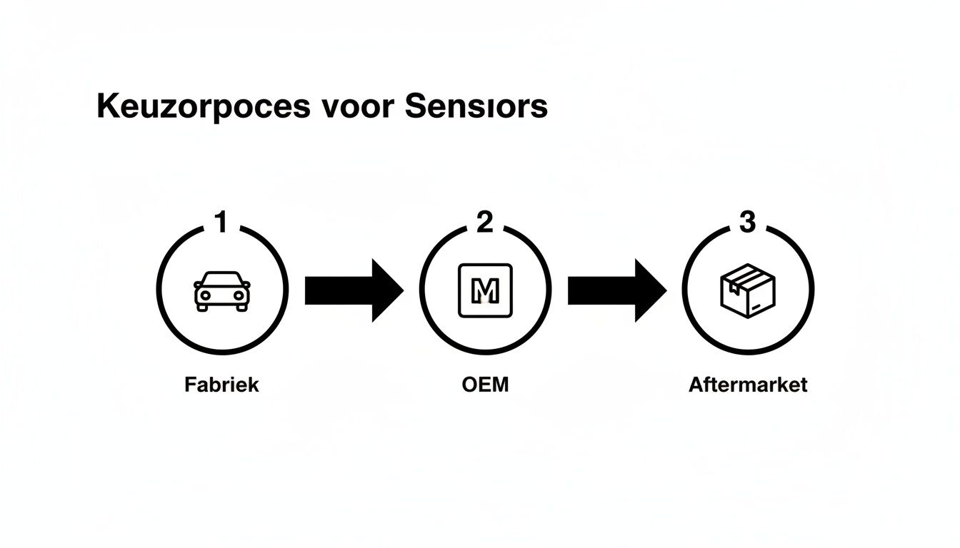 Tpms sensor vervangen kosten: wat betaal je en waarom het loont 3 Stroomdiagram van het keuzeproces voor sensoren: Fabriek, OEM en Aftermarket, met bijbehorende iconen.