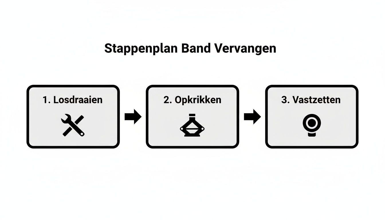 Een stappenplan met drie stappen voor het vervangen van een band: losdraaien, opkrikken en vastzetten.