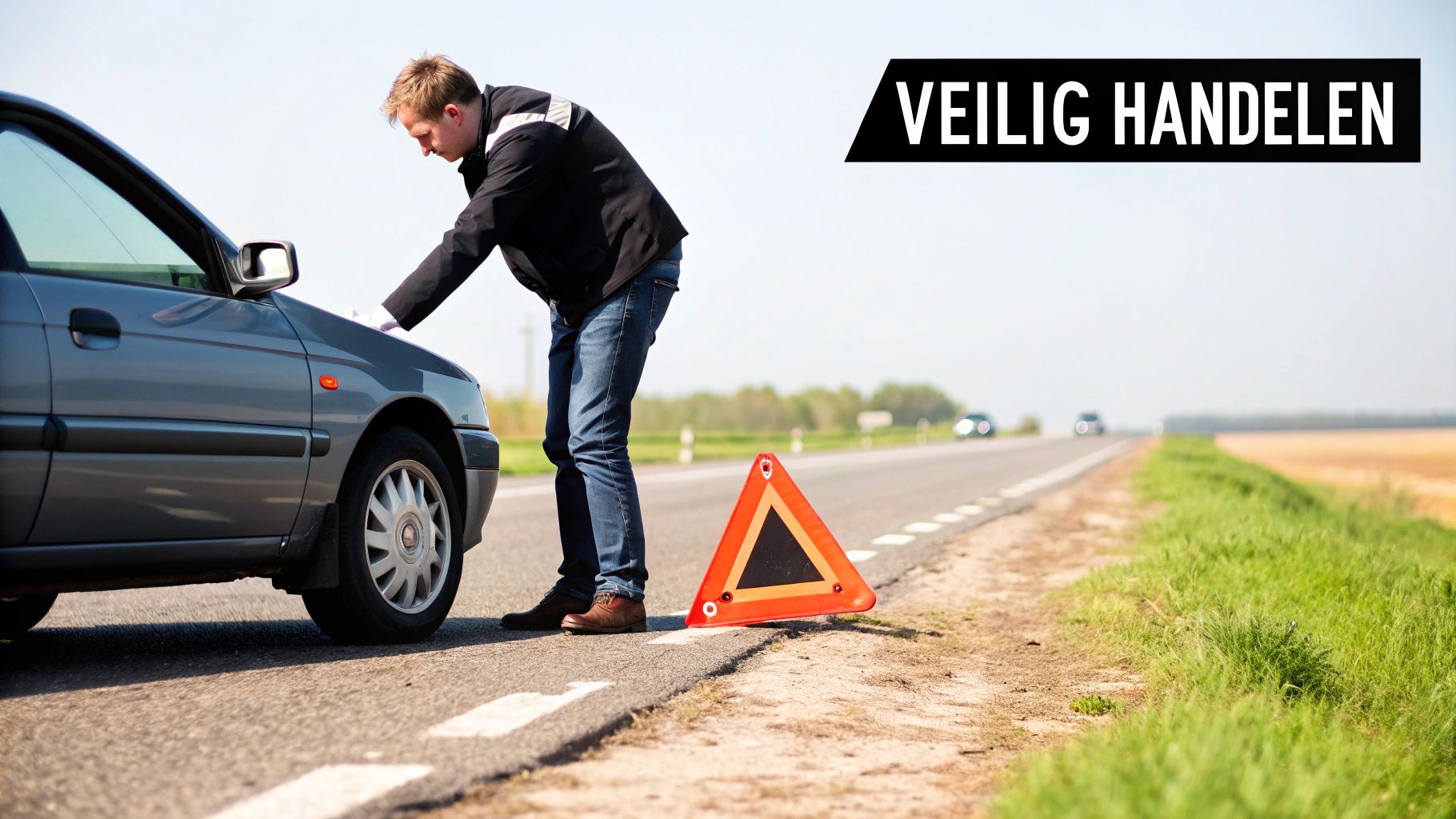 Auto met lekke band veilig aan de kant van de weg