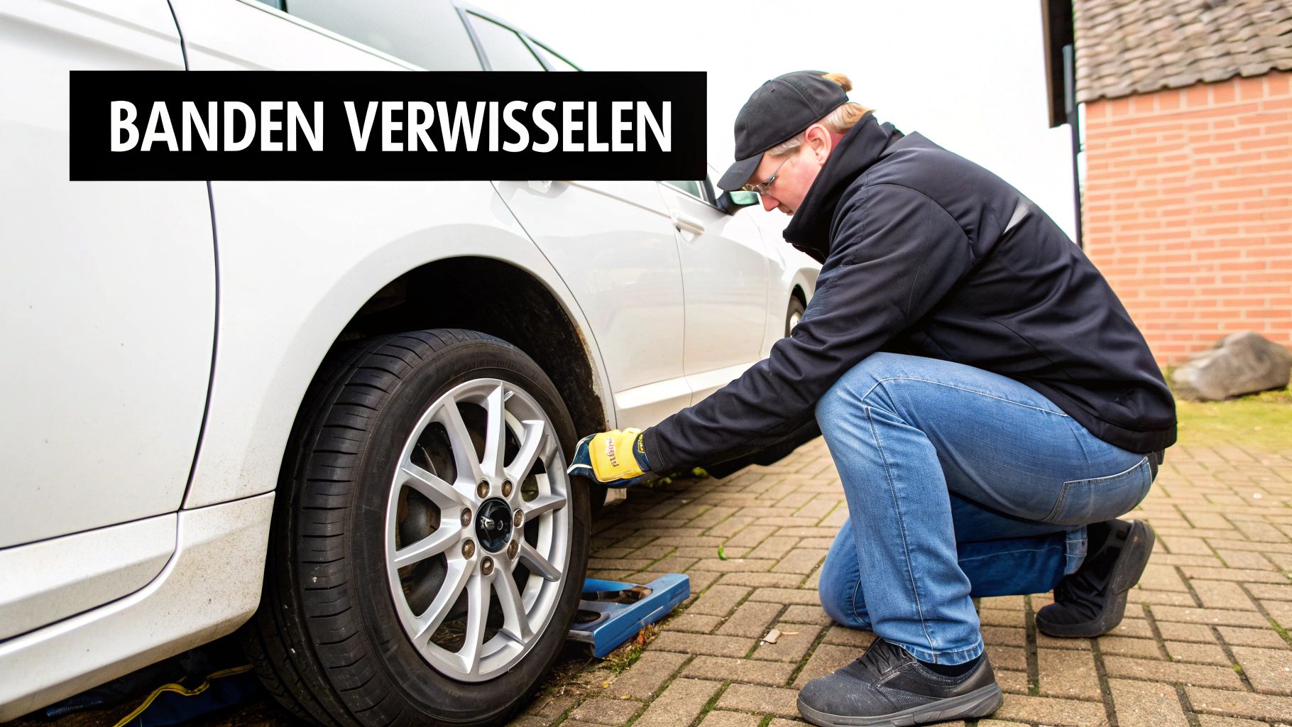 Een close-up van een lekke autoband met een vraagteken eroverheen.