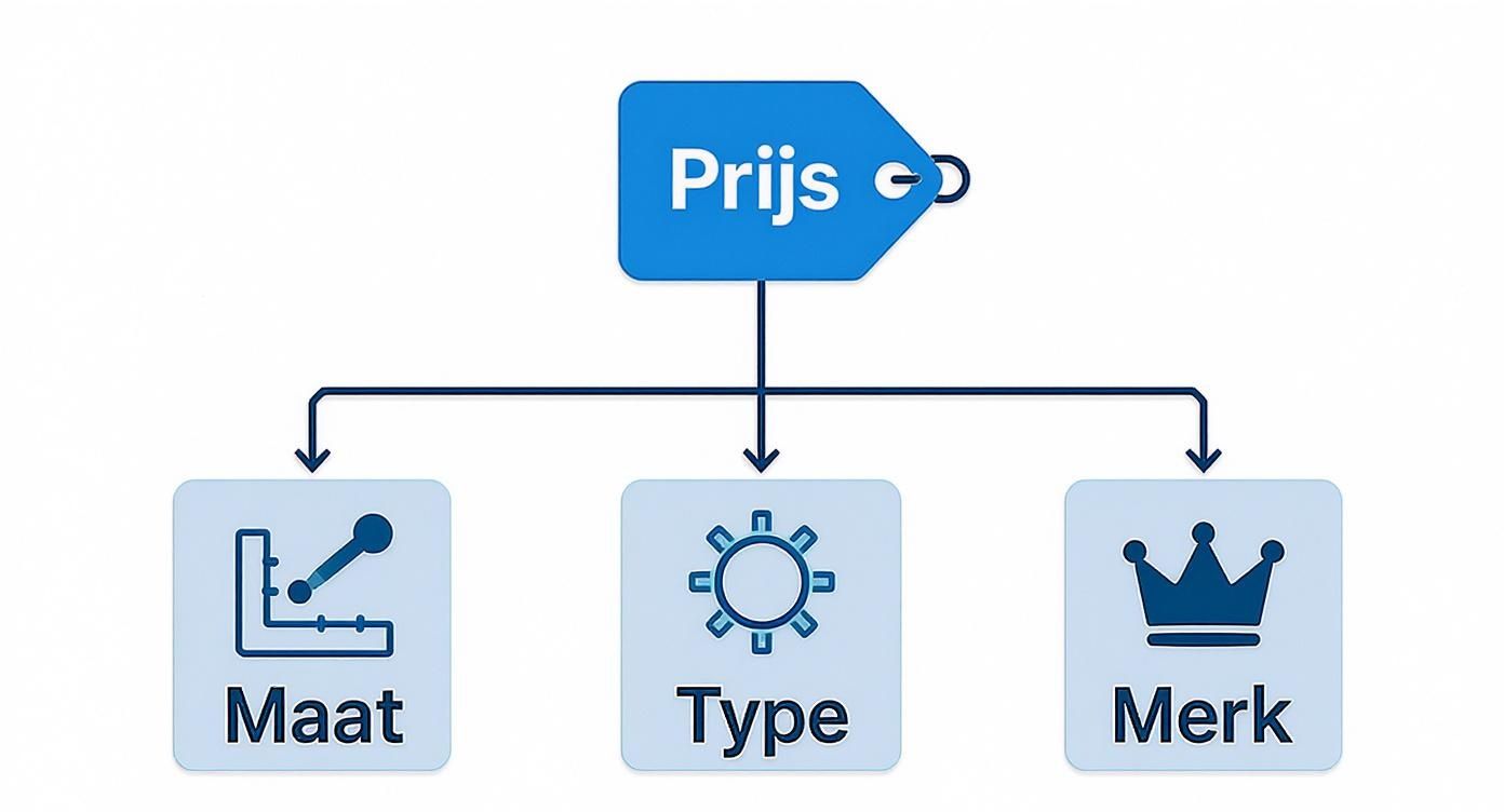 Stroomdiagram met blauwe prijskaartje dat splitst naar drie categorieën: maat, type en merk