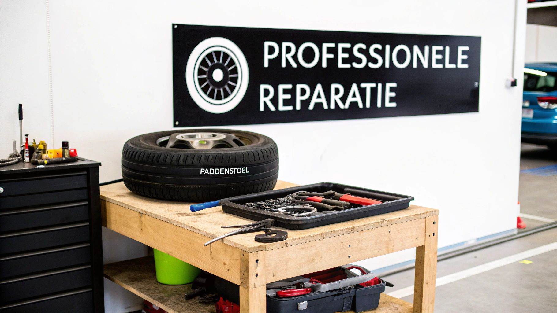 Een monteur die een autoband van binnenuit repareert