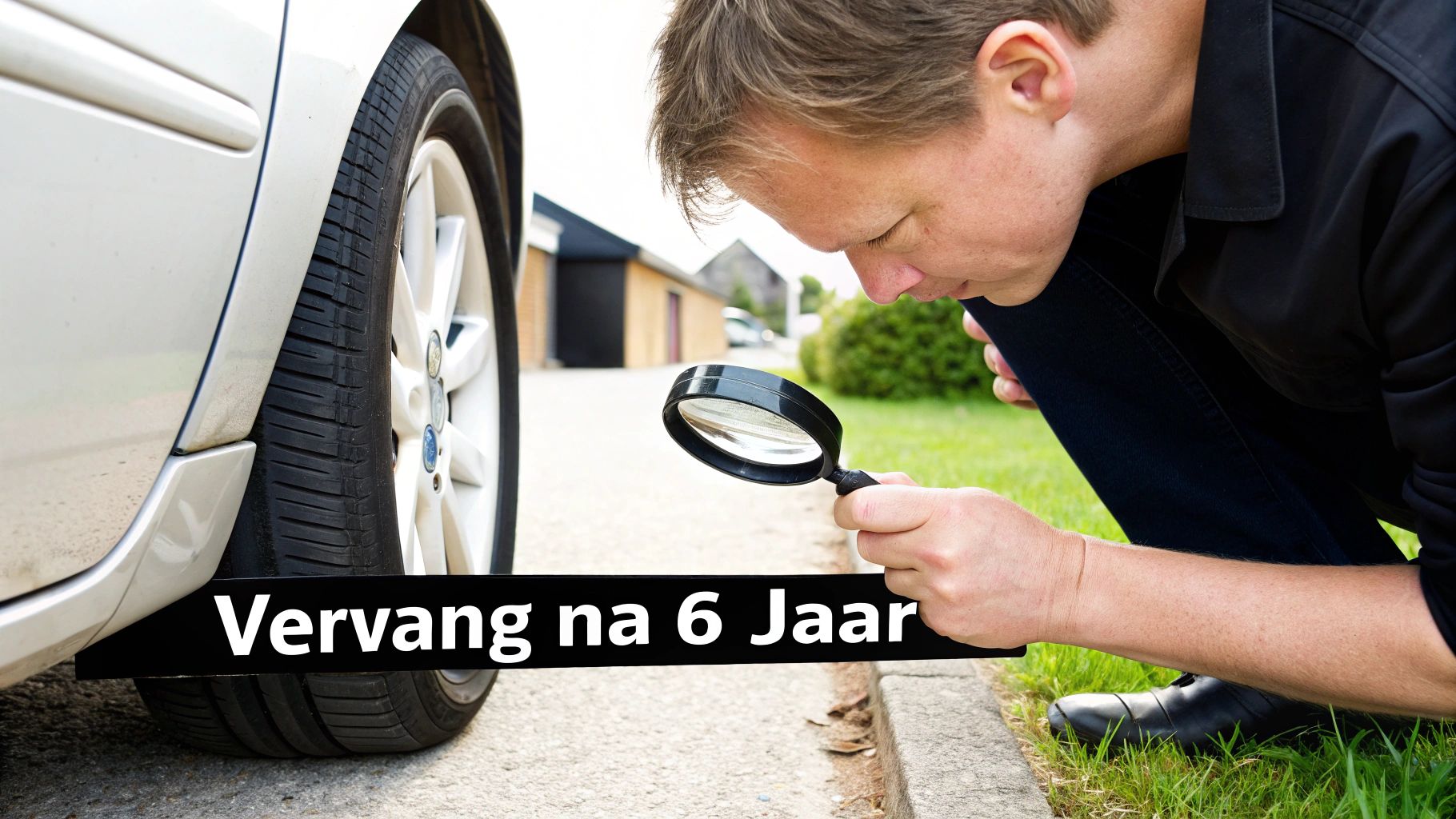 Monteur inspecteert autoband met vergrootglas na zes jaar om DOT-code te controleren