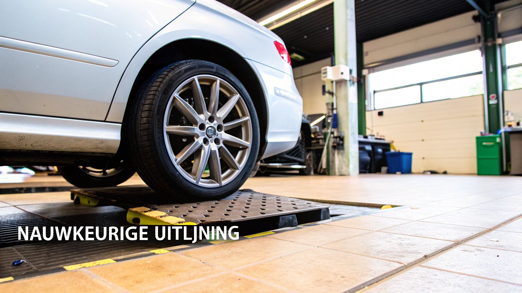 Wielen van een auto die professioneel worden uitgelijnd in een garage