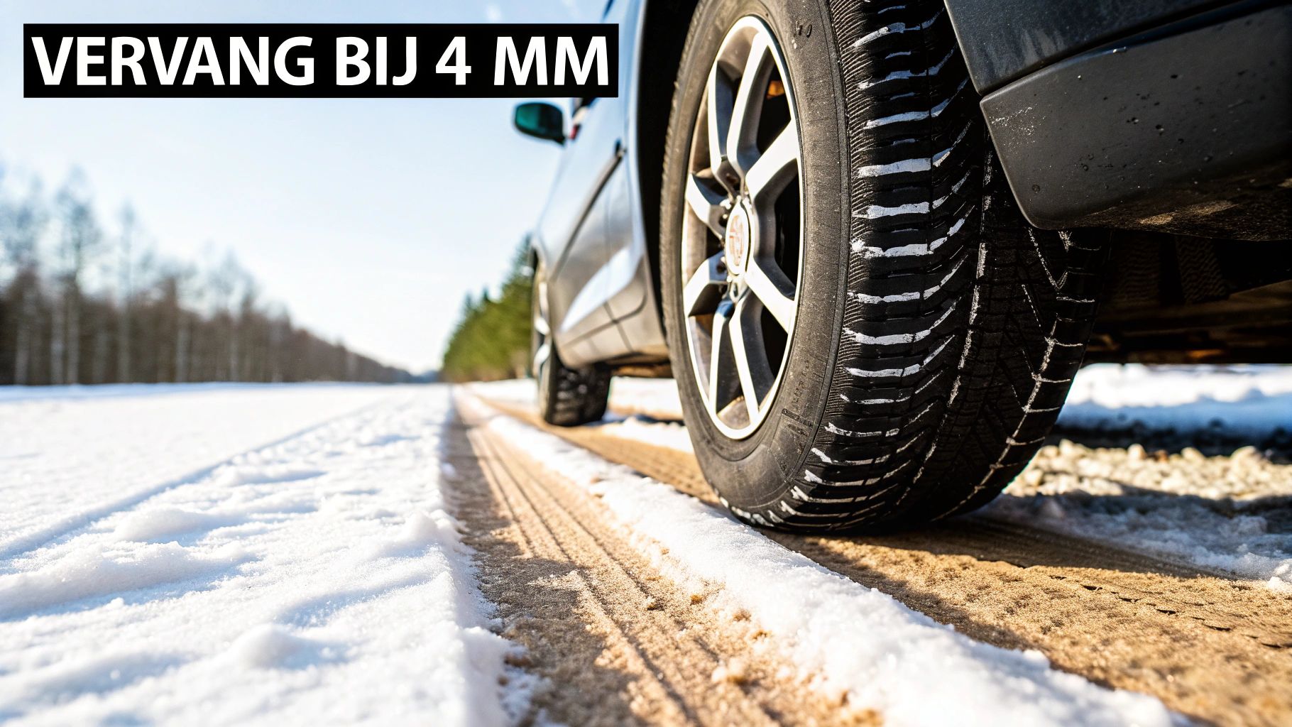 Een close-up van een winterband met een muntstuk in het profiel om de diepte te meten