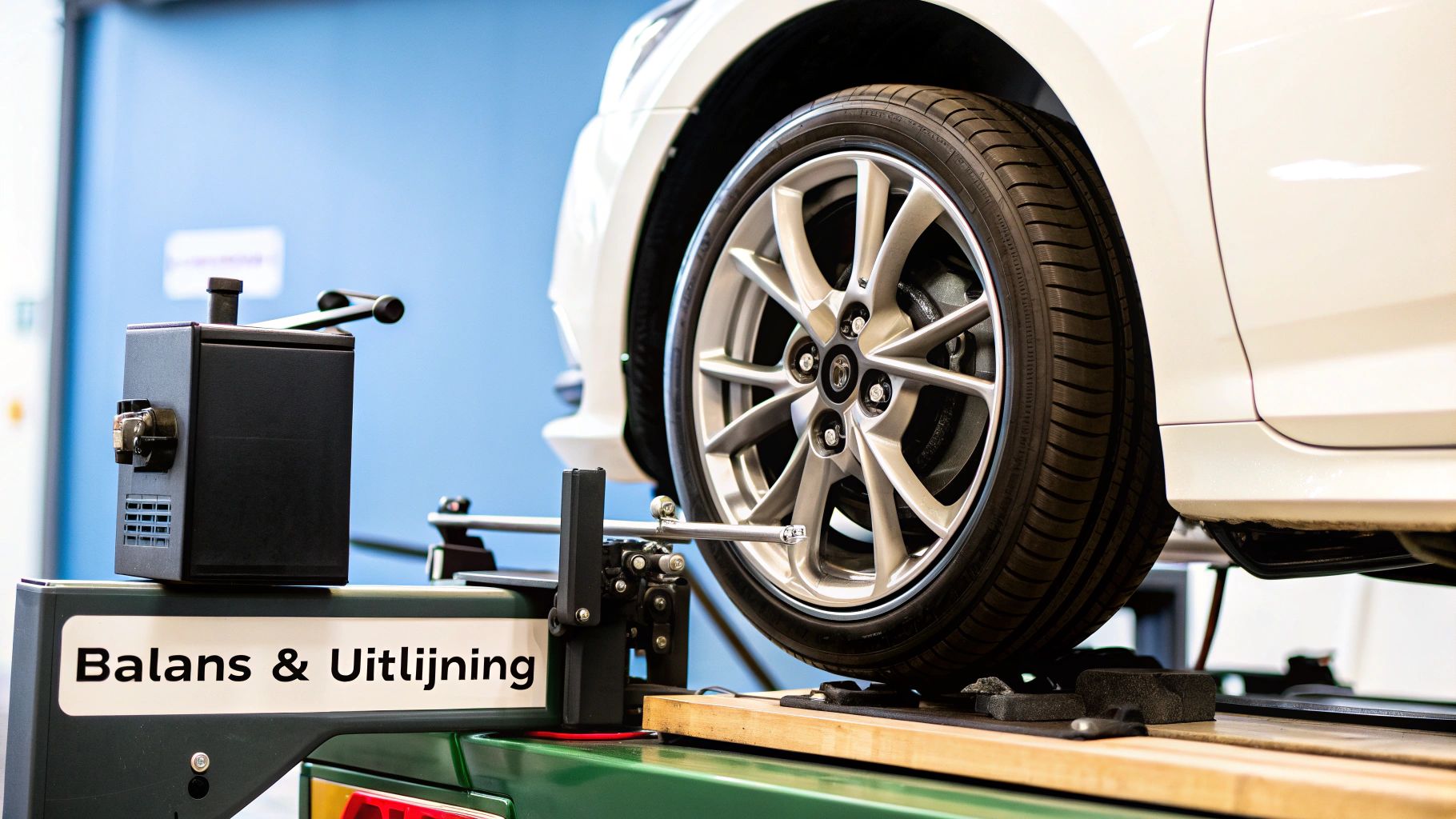 Een auto op een uitlijnbrug in een garage, waarbij de wielstanden worden gecorrigeerd