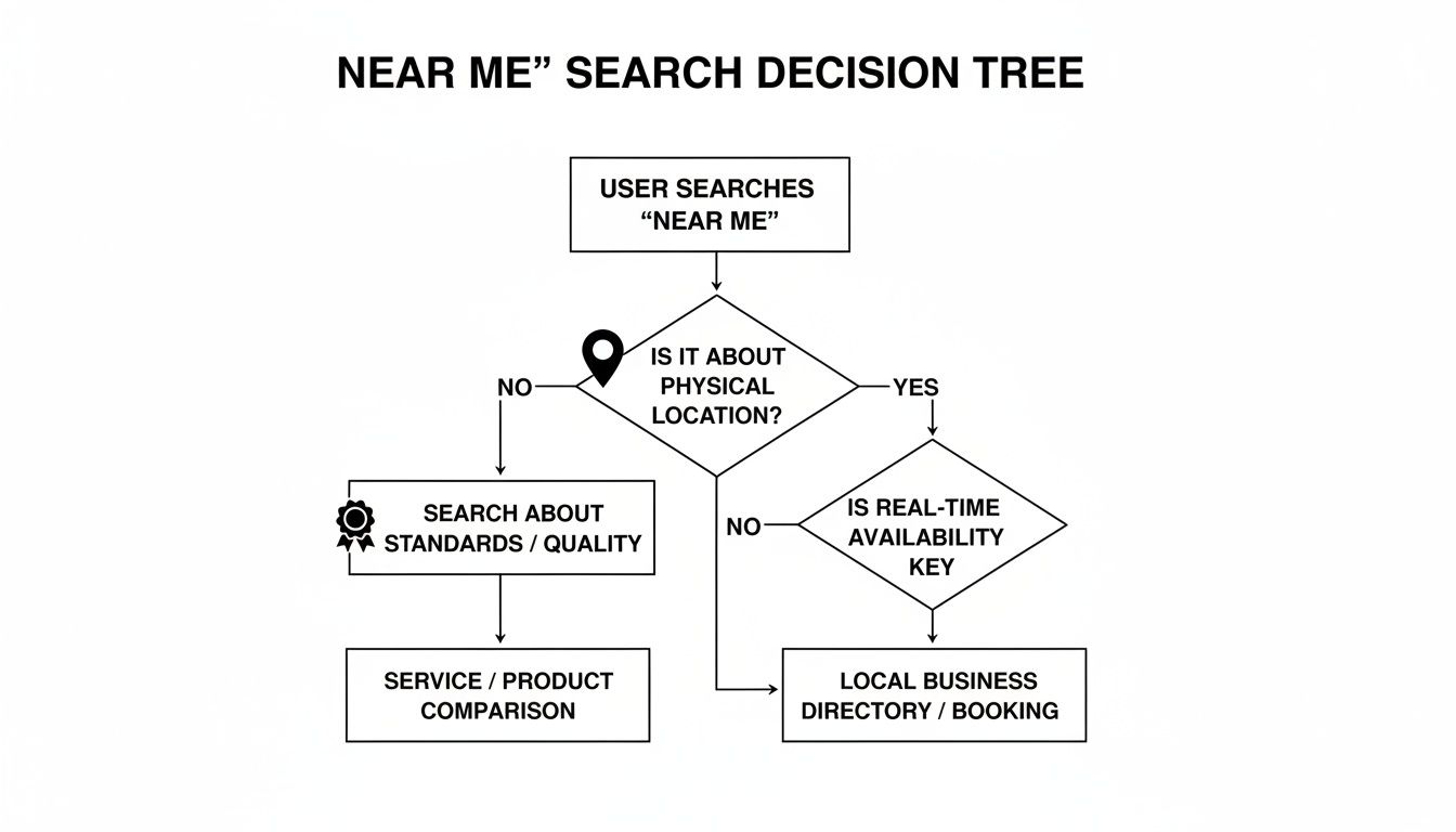 Flowchart illustrating the decision-making process for 'Near Me' searches, focusing on location, availability, and comparison.
