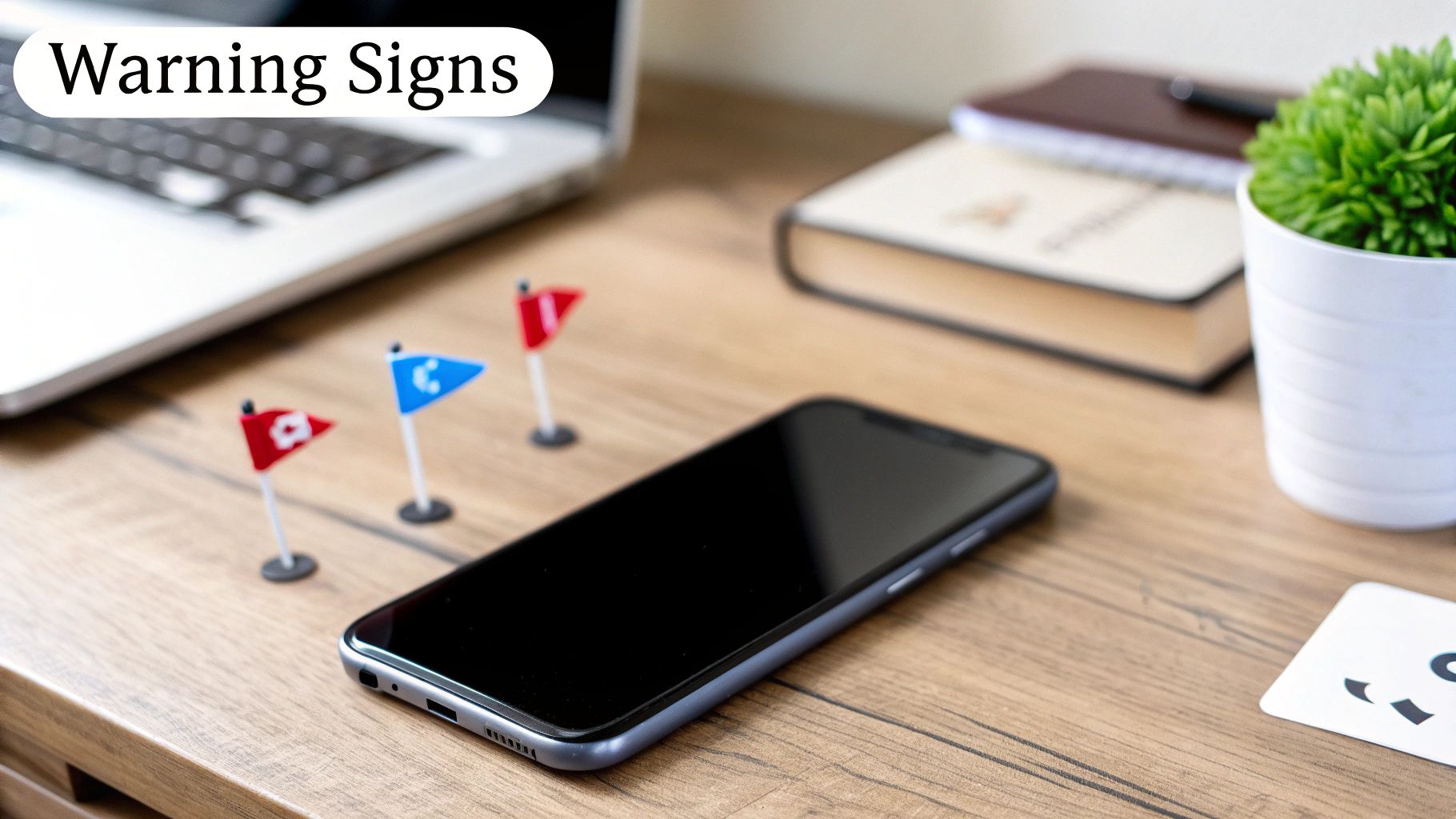 A smartphone on a wooden desk with small warning flags, a laptop, and books in the background.