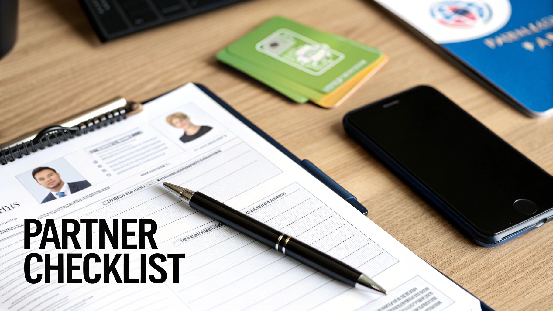 A close-up of a desk with a 'PARTNER CHECKLIST' document, pen, smartphone, and cards.