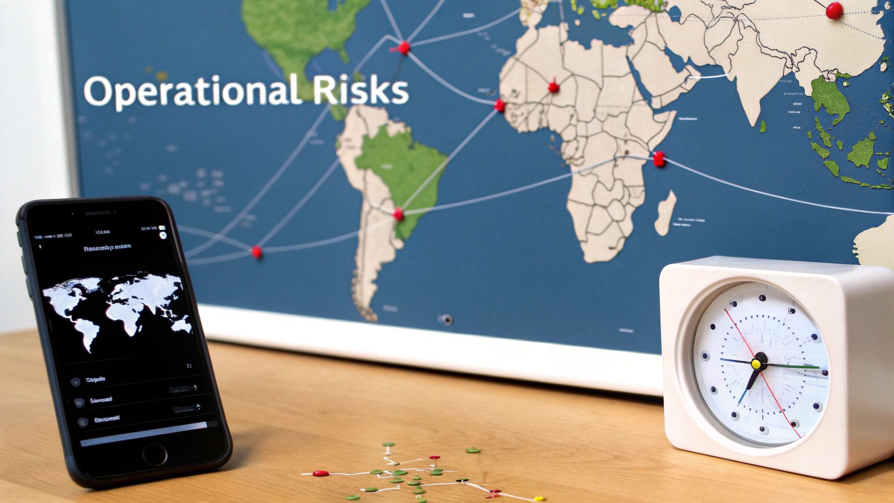 A smartphone and a clock on a wooden desk in front of a world map titled "Operational Risks" with connected pins.