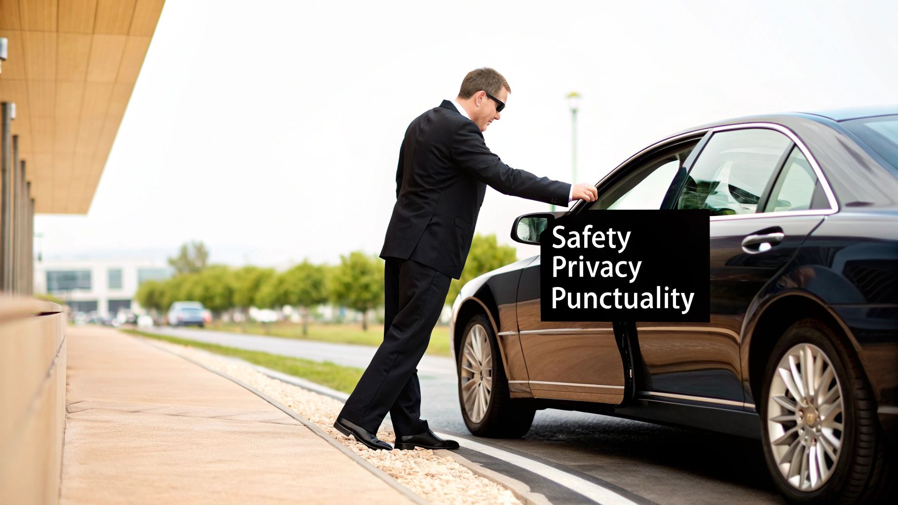 A chauffeur in a suit opens a luxury car door, highlighting safety, privacy, and punctuality.