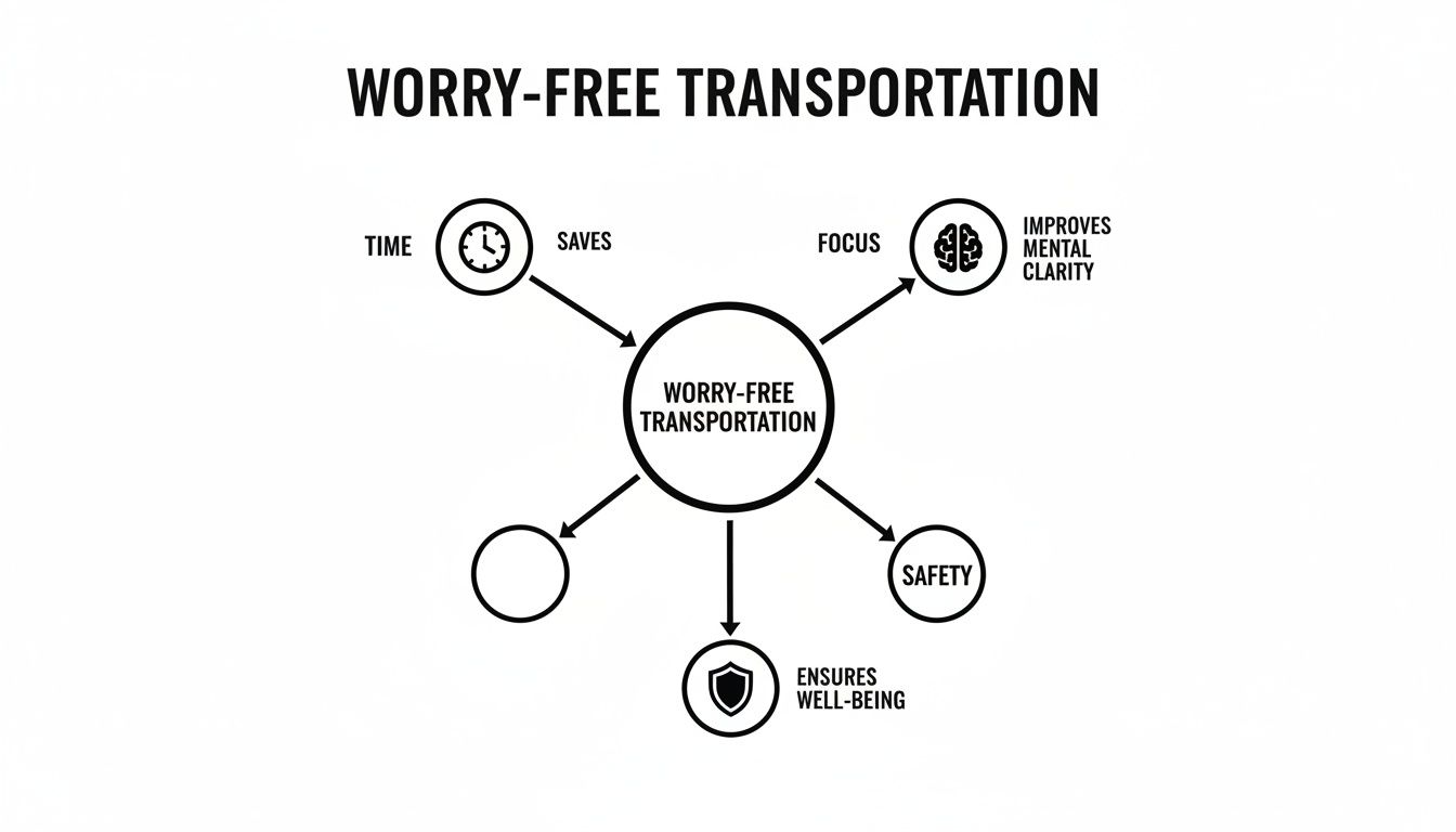 A mind map outlining the benefits of worry-free transportation: time-saving, focus, mental clarity, safety, and well-being.