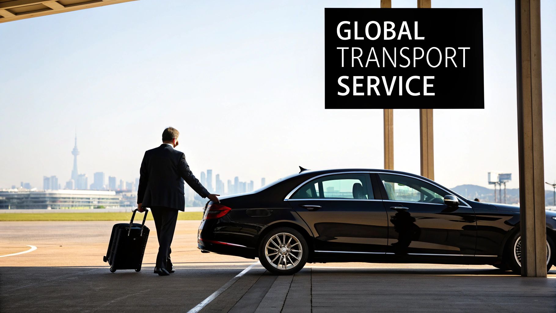 A businessman with luggage approaches a black luxury car, with a city skyline in the background, under a 'Global Transport Service' sign.
