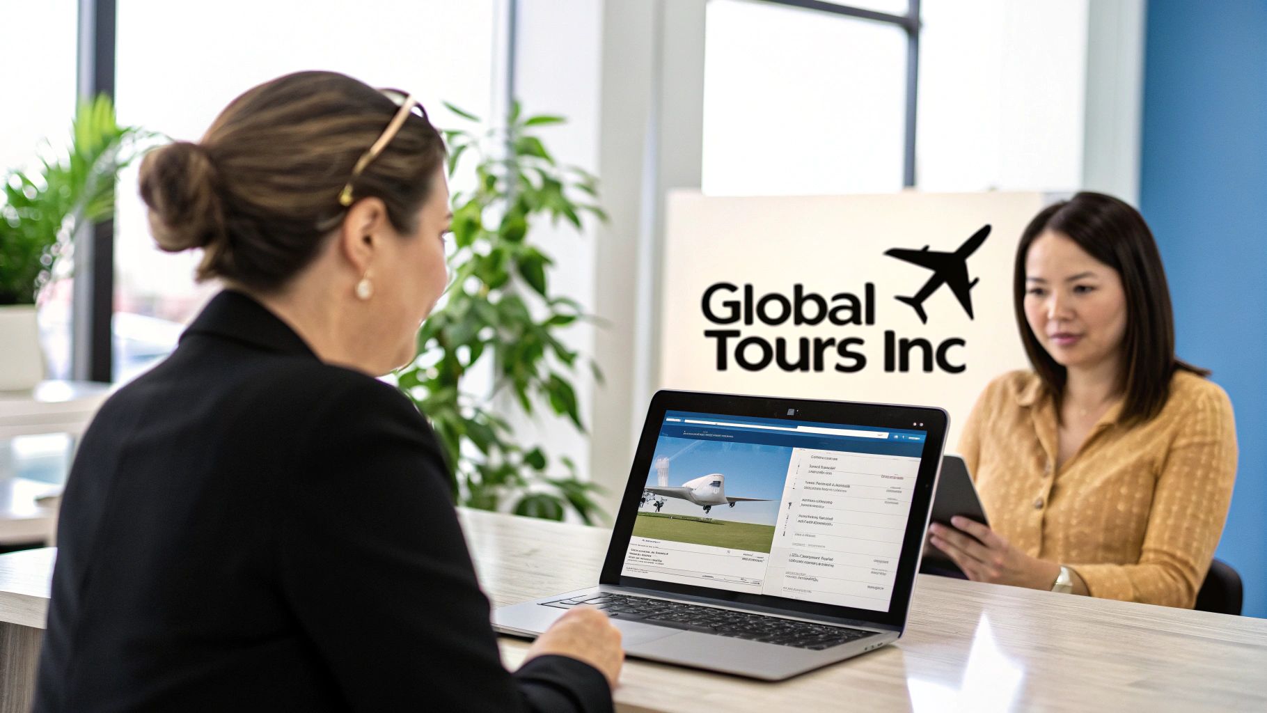 Two women working at Global Tours Inc, one viewing flight details on a laptop, the other holding a tablet.