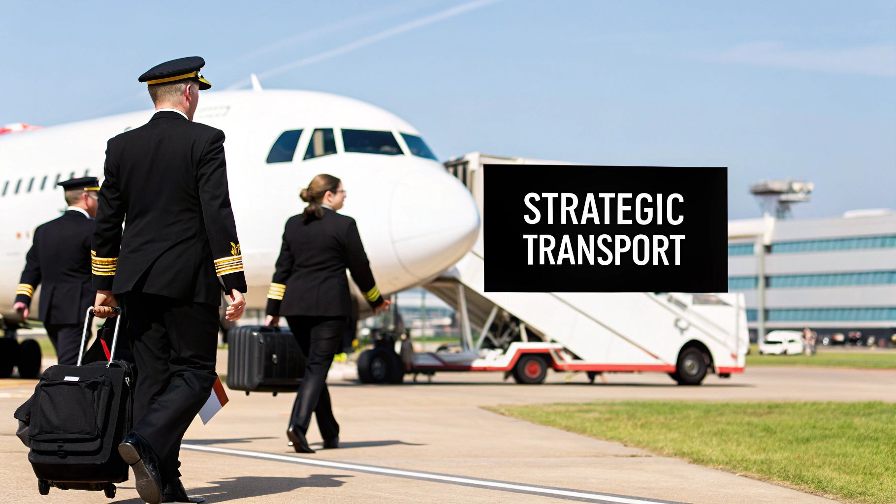 Pilots and cabin crew with luggage walking towards an airplane on the tarmac for strategic transport.