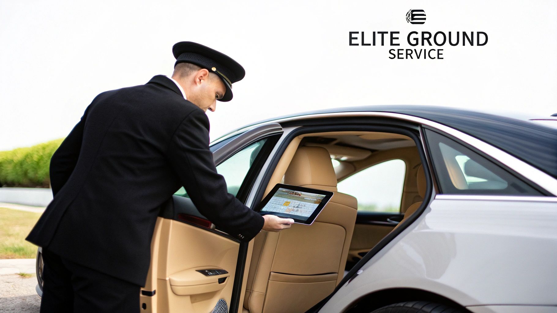 A professional chauffeur in a uniform holds a tablet next to an open luxury car door.