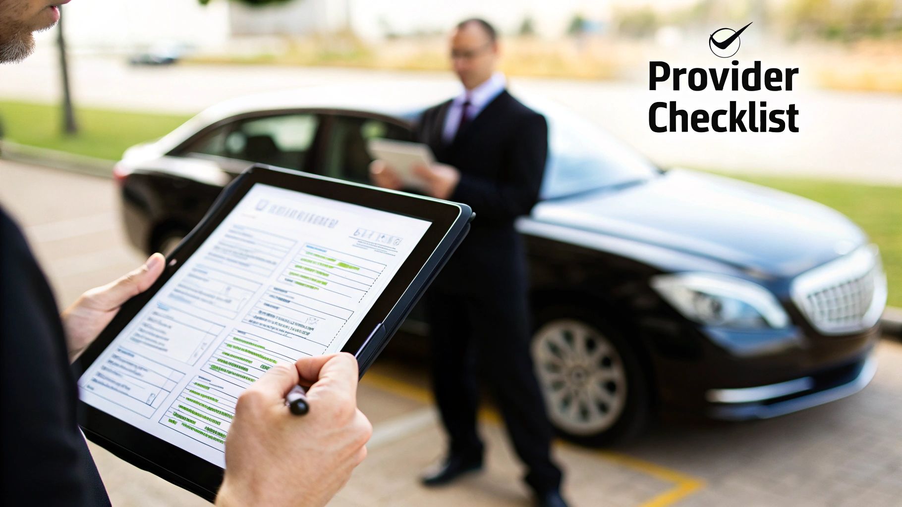A person signs a digital provider checklist on a tablet, with a chauffeur and luxury car in the background.
