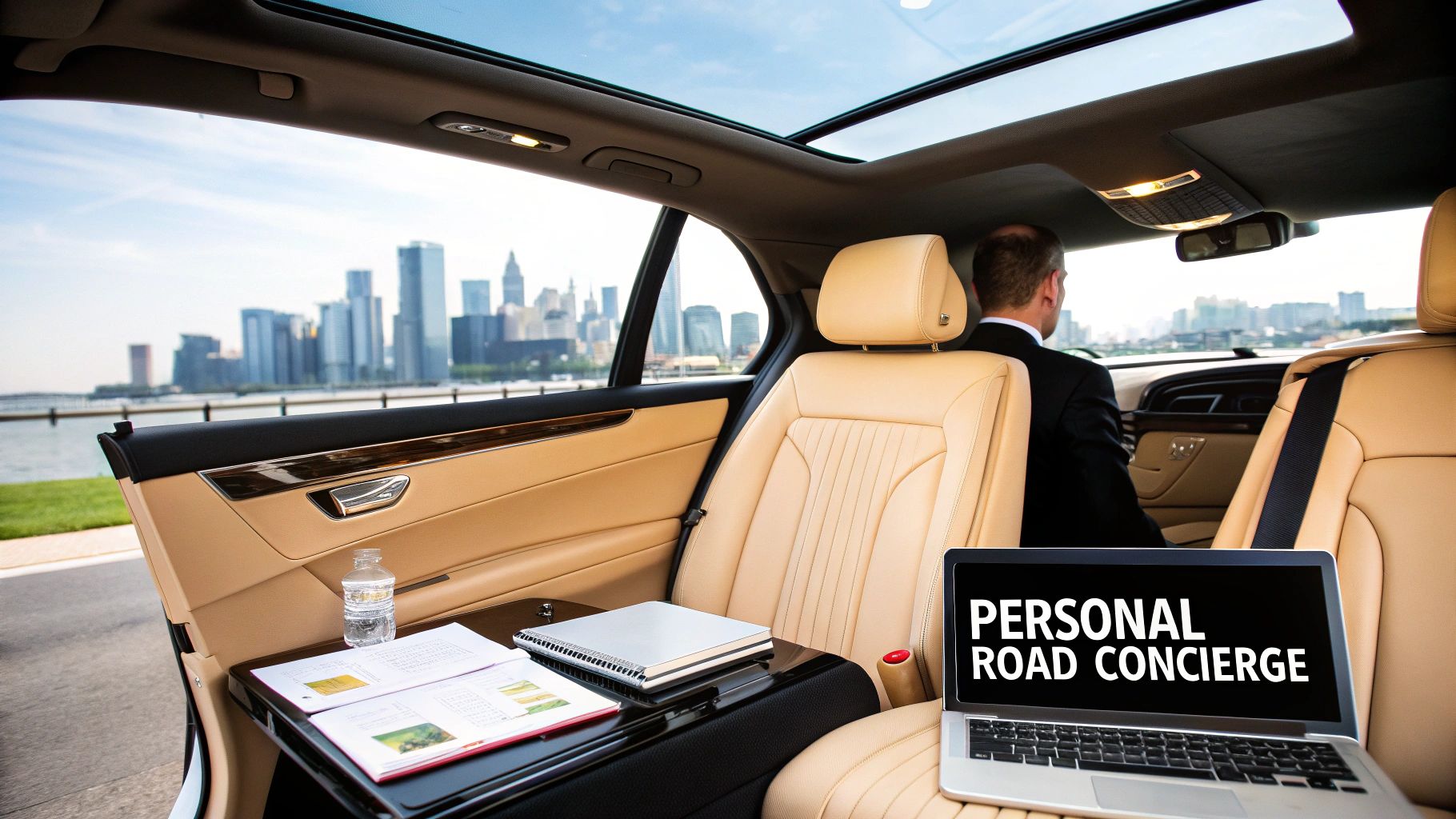 A luxurious car interior with a chauffeur, a cityscape view, and a laptop for 'Personal Road Concierge'.