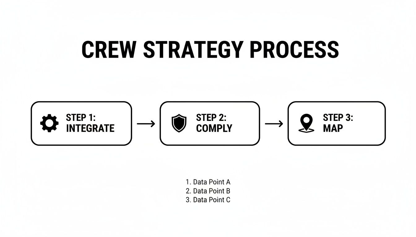 Flowchart illustrating the Crew Strategy Process with three steps: Integrate, Comply, and Map, along with data points.