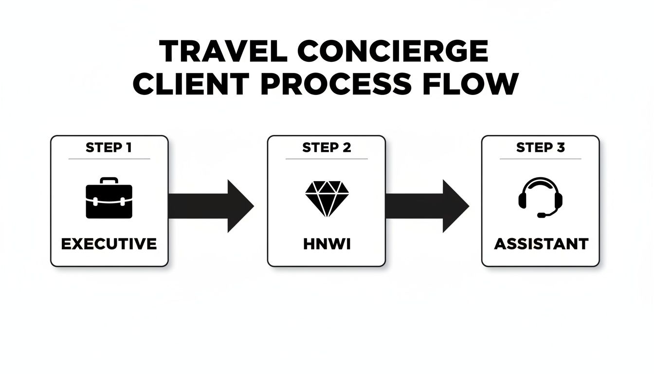 A flow chart illustrating the travel concierge client process, showing steps from Executive to HNWI to Assistant.