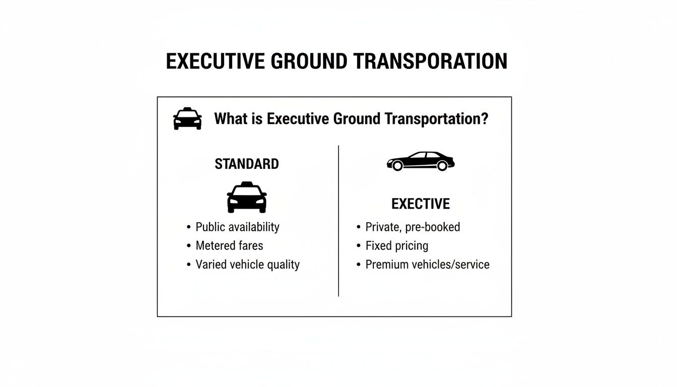 A graphic comparing standard and executive ground transportation, detailing their key differences.