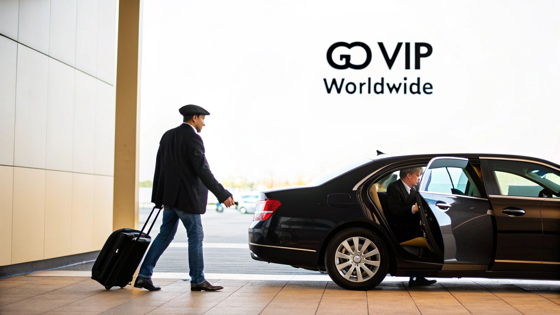 A man with a suitcase approaches a black luxury car, while another man enters the back seat.