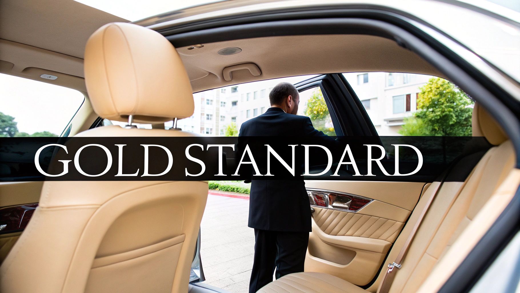 A professional chauffeur in a suit opens the door of a luxury car with beige leather interior, branded 'GOLD STANDARD'.