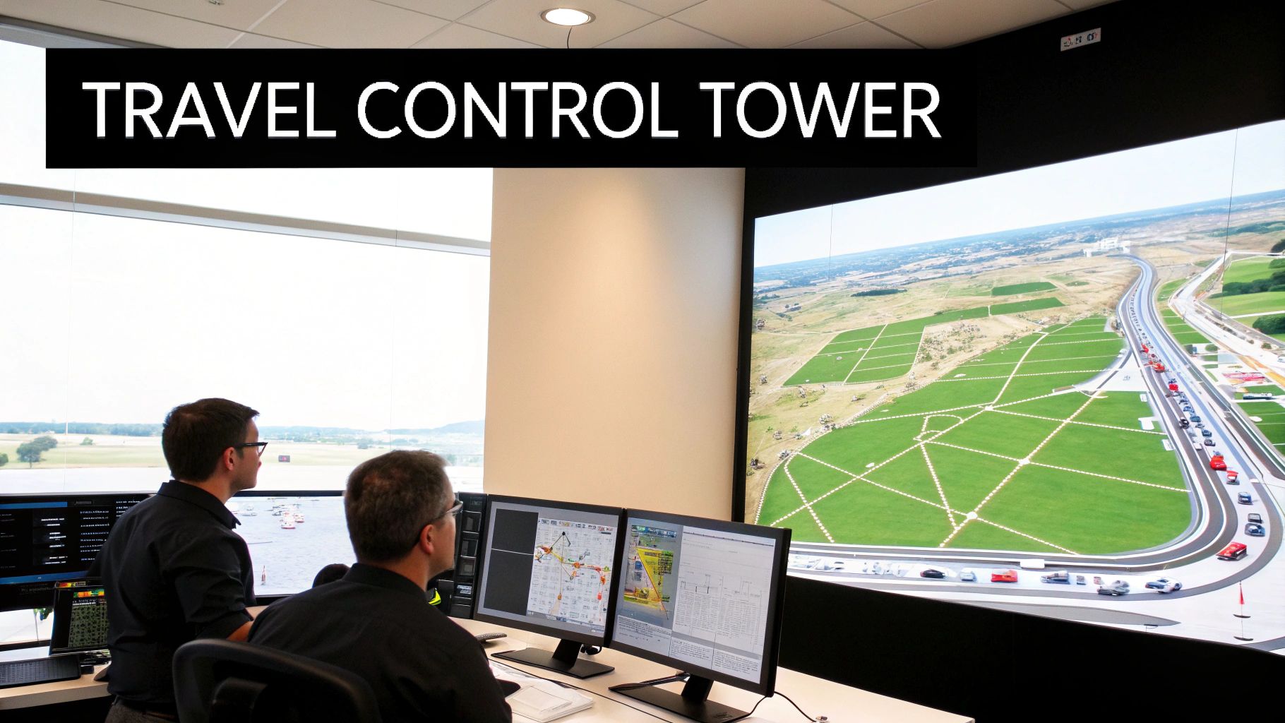 Inside a travel control tower, two men monitor traffic and transportation simulations on large screens.
