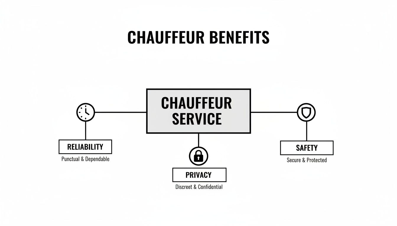 A diagram outlining the key benefits of chauffeur service: reliability, privacy, and safety.
