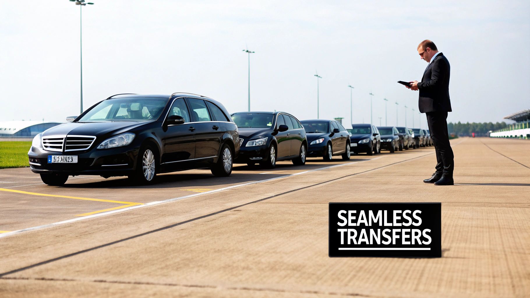 Professional driver overseeing a fleet of black luxury cars for seamless airport transfers.