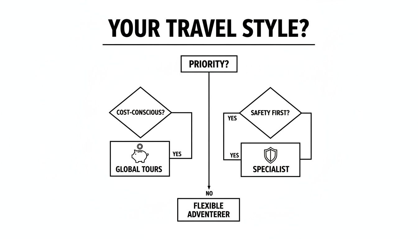 A flowchart categorizing travel styles based on priorities: cost-conscious, safety first, or flexible adventurer.