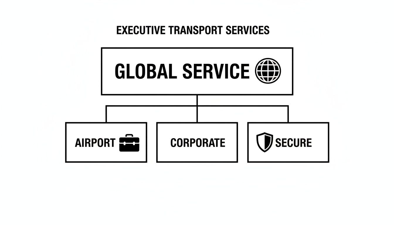 An organizational chart detailing global executive transport services, including airport, corporate, and secure transport options with icons.