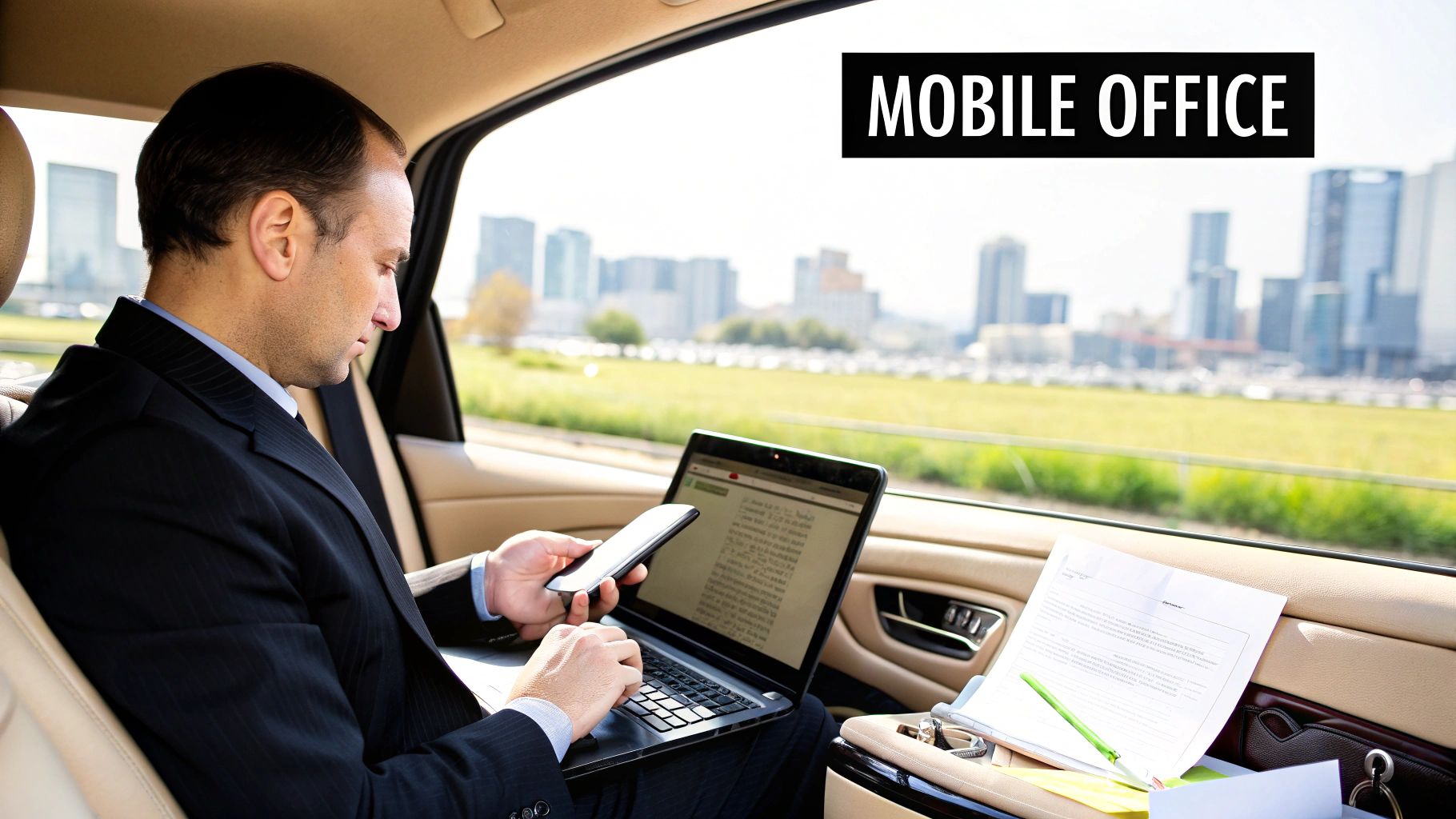 Professional man using a laptop and phone inside a luxury car, showcasing a mobile office setup.