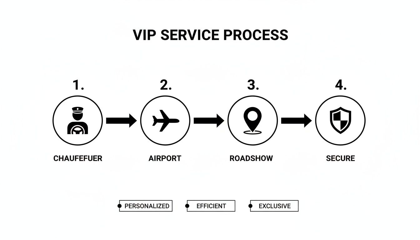 A four-step VIP service process flowchart showing chauffeur, airport, roadshow, and secure services.