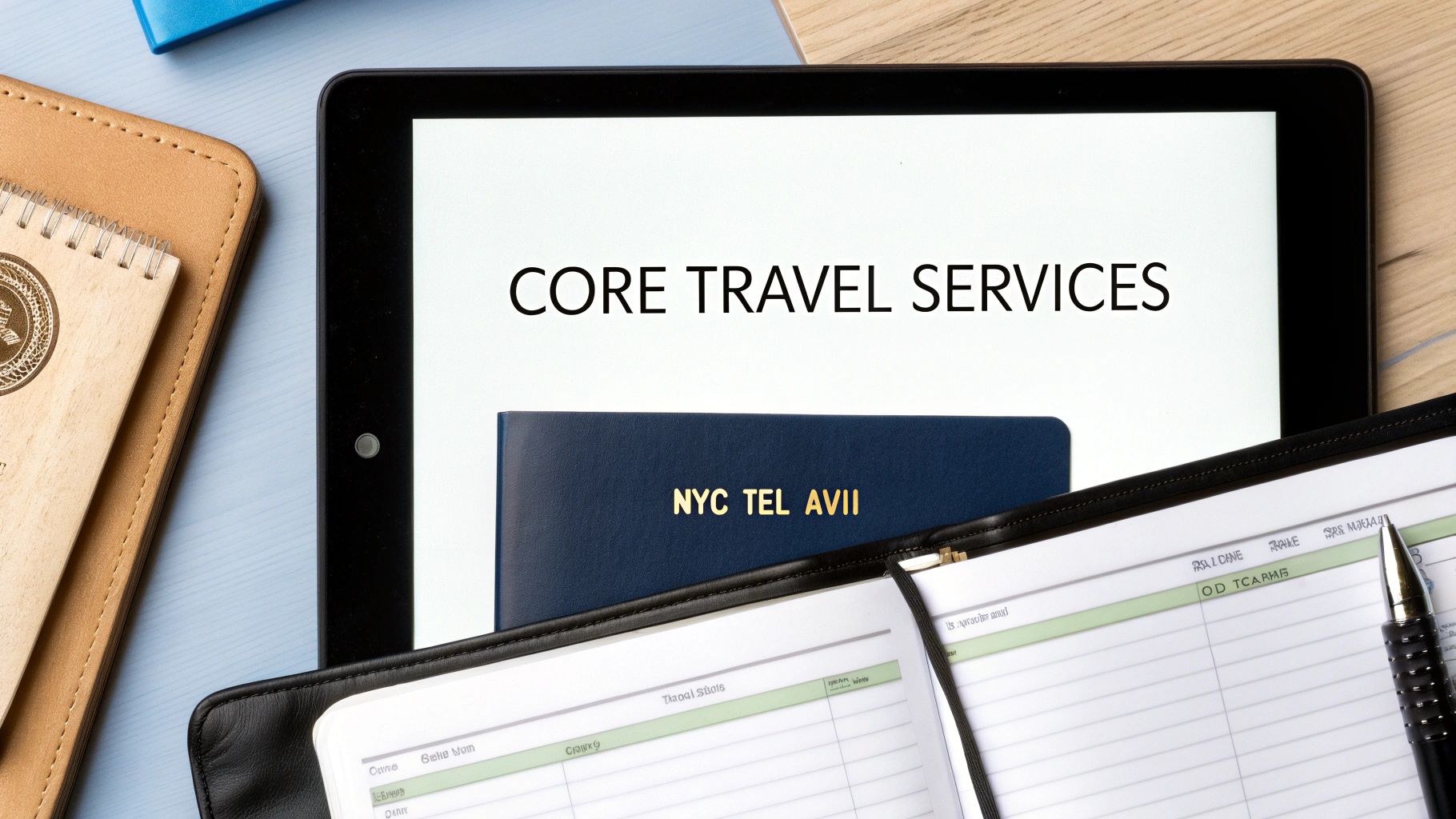 Overhead shot of travel planning essentials: a tablet showing 'Core Travel Services', a notebook, and a planner.