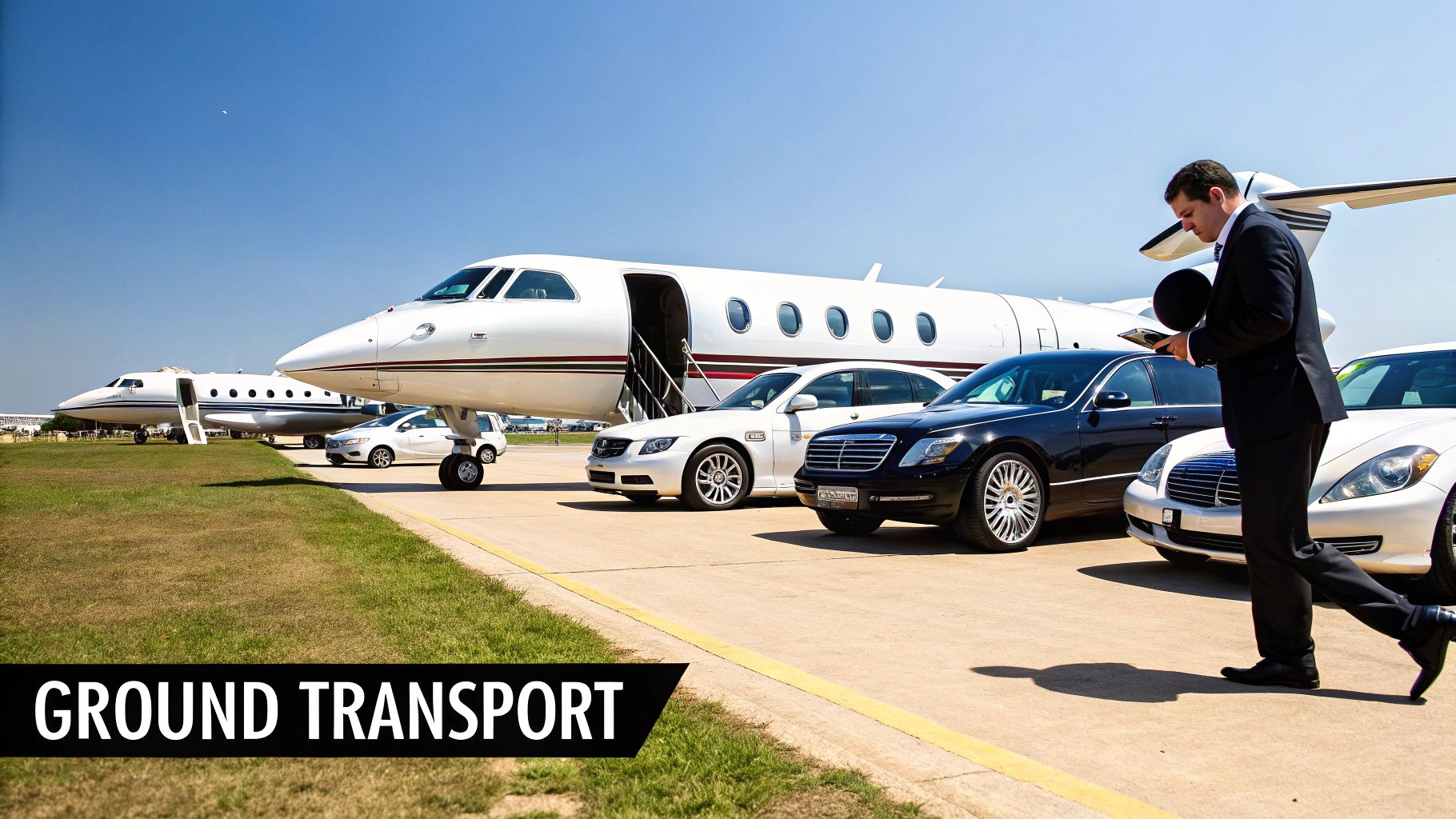 A businessman walks past luxury cars and private jets on an airfield, representing private ground transport.