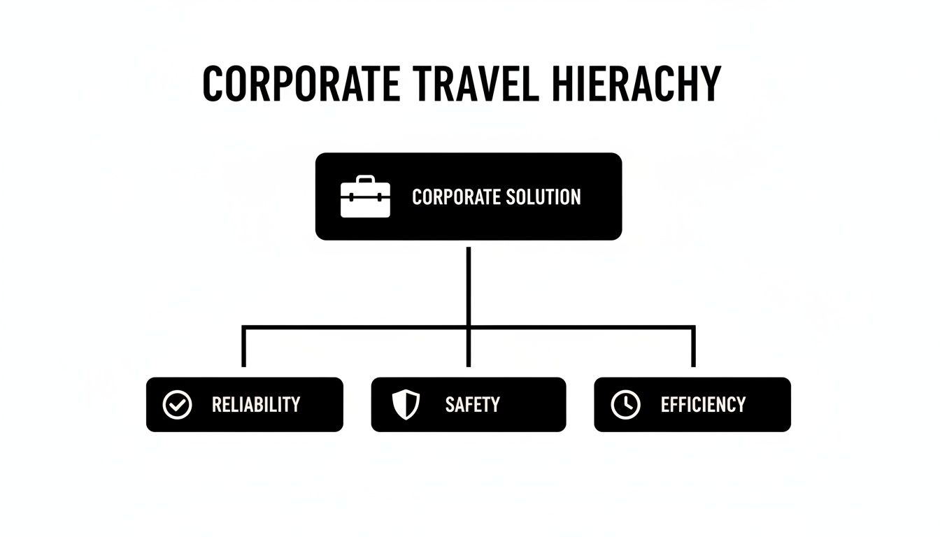 A corporate travel hierarchy diagram showing solutions based on reliability, safety, and efficiency.