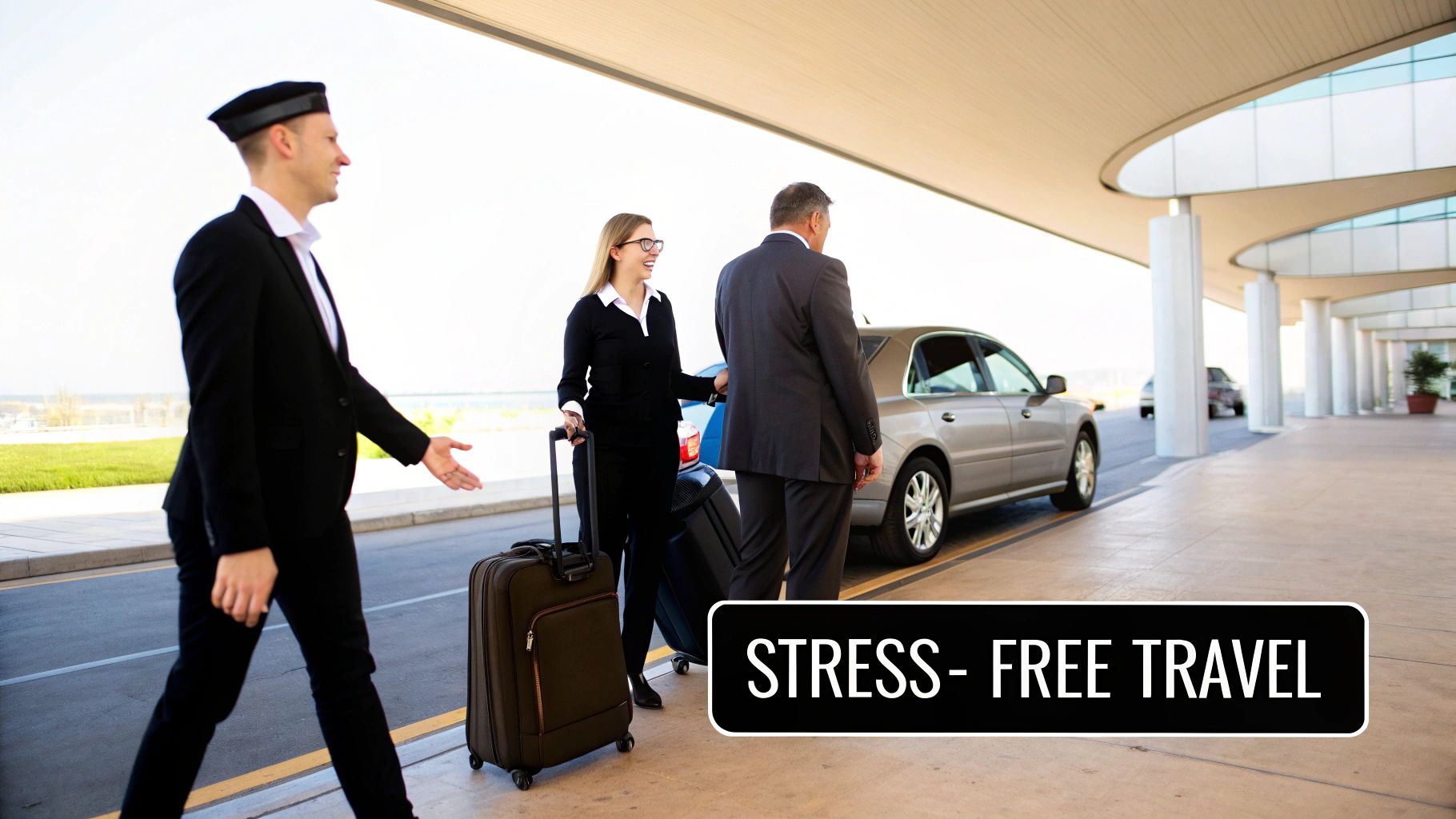 A concierge assists business travelers with luggage at a modern airport or hotel entrance, next to a luxury car.