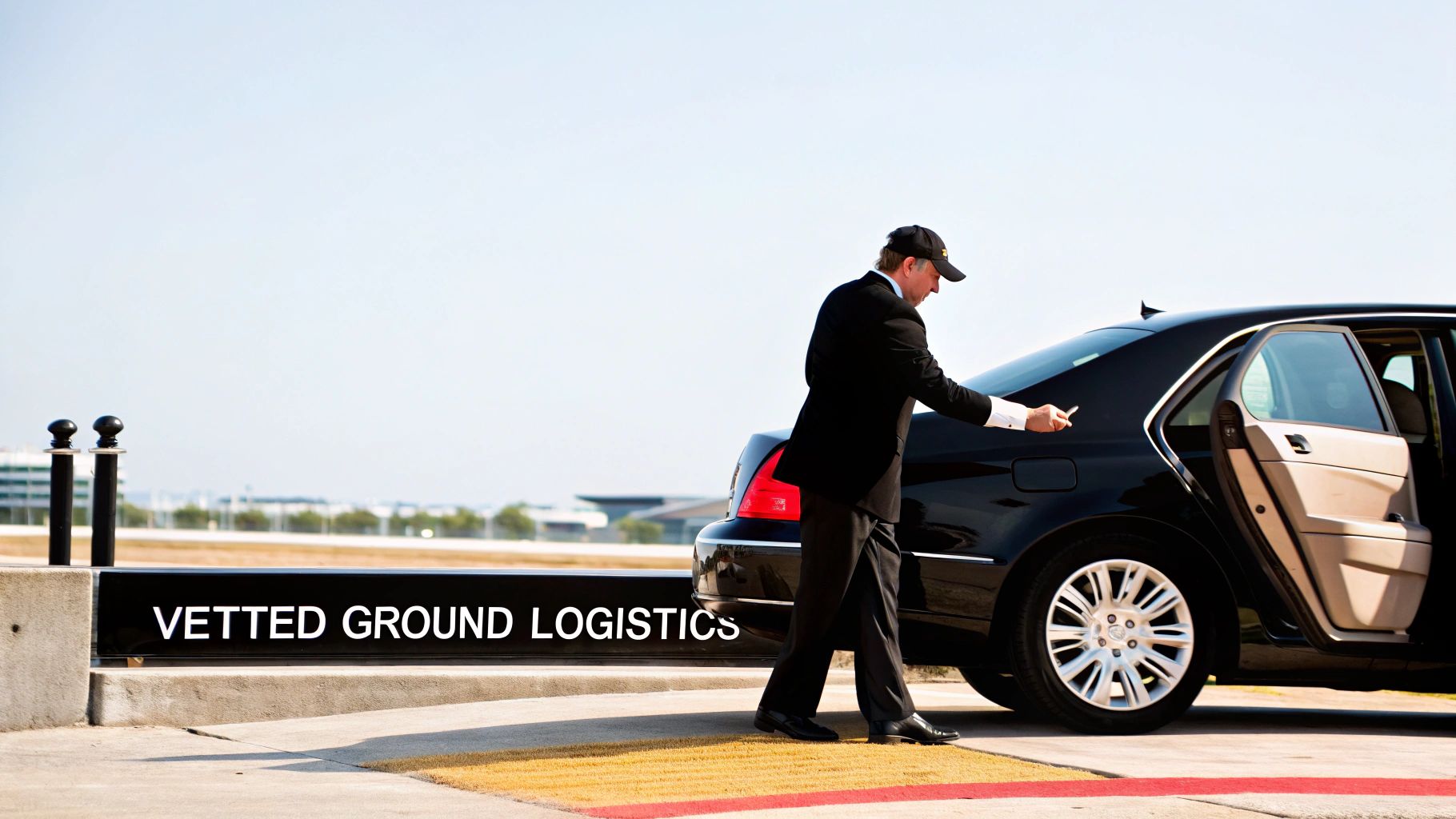 A chauffeur in a suit opens the door of a black luxury car with a "VETTED GROUND LOGISTICS" sign.