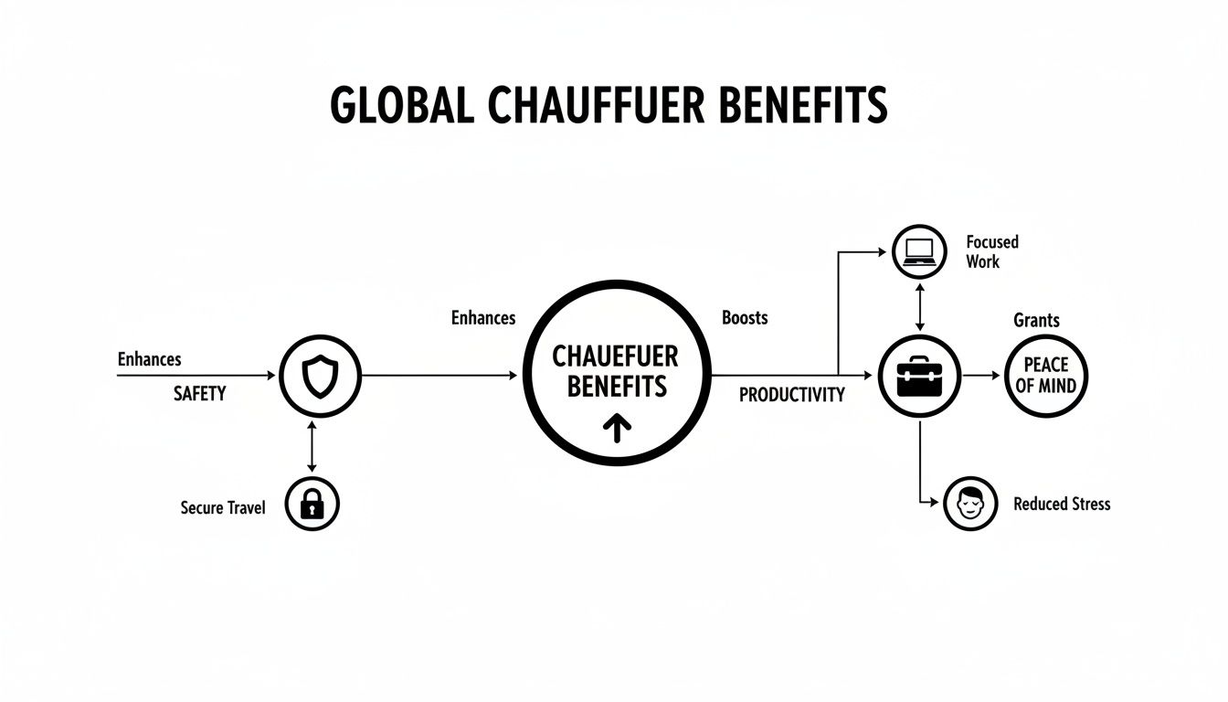 Flowchart detailing global chauffeur benefits: safety, secure travel, productivity, focused work, reduced stress, and peace of mind.
