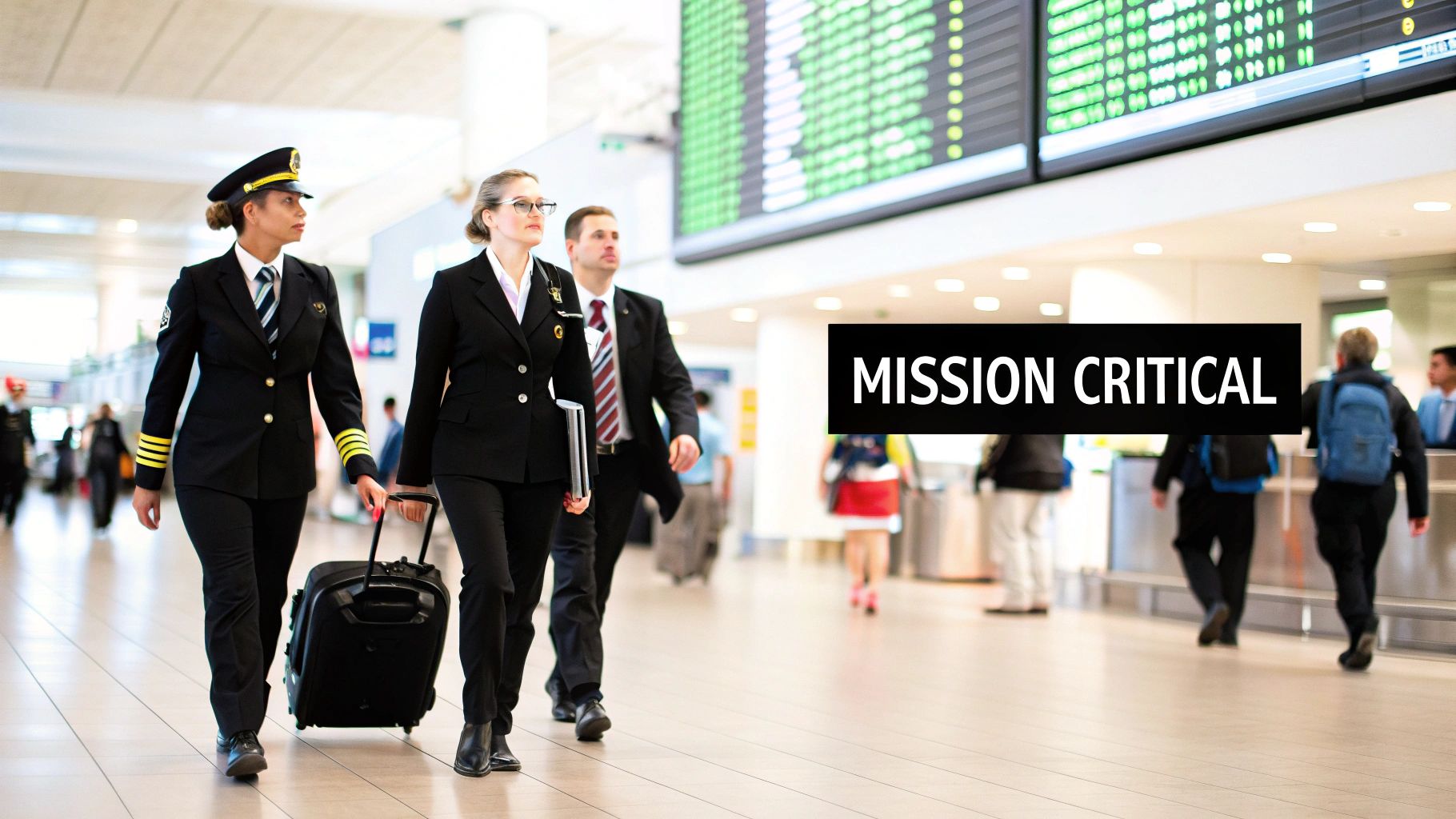 Two female pilots and a male officer in uniform walk through a busy airport terminal.