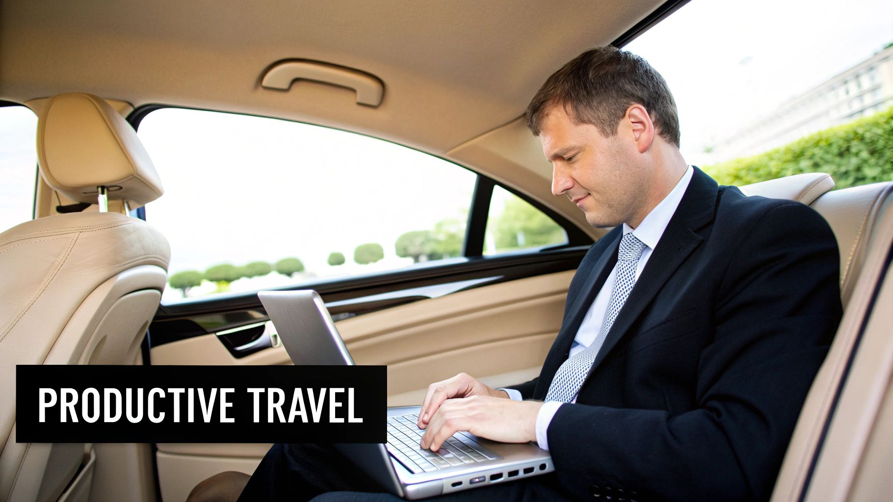 A businessman in a suit works on a laptop in the back of a luxury car.