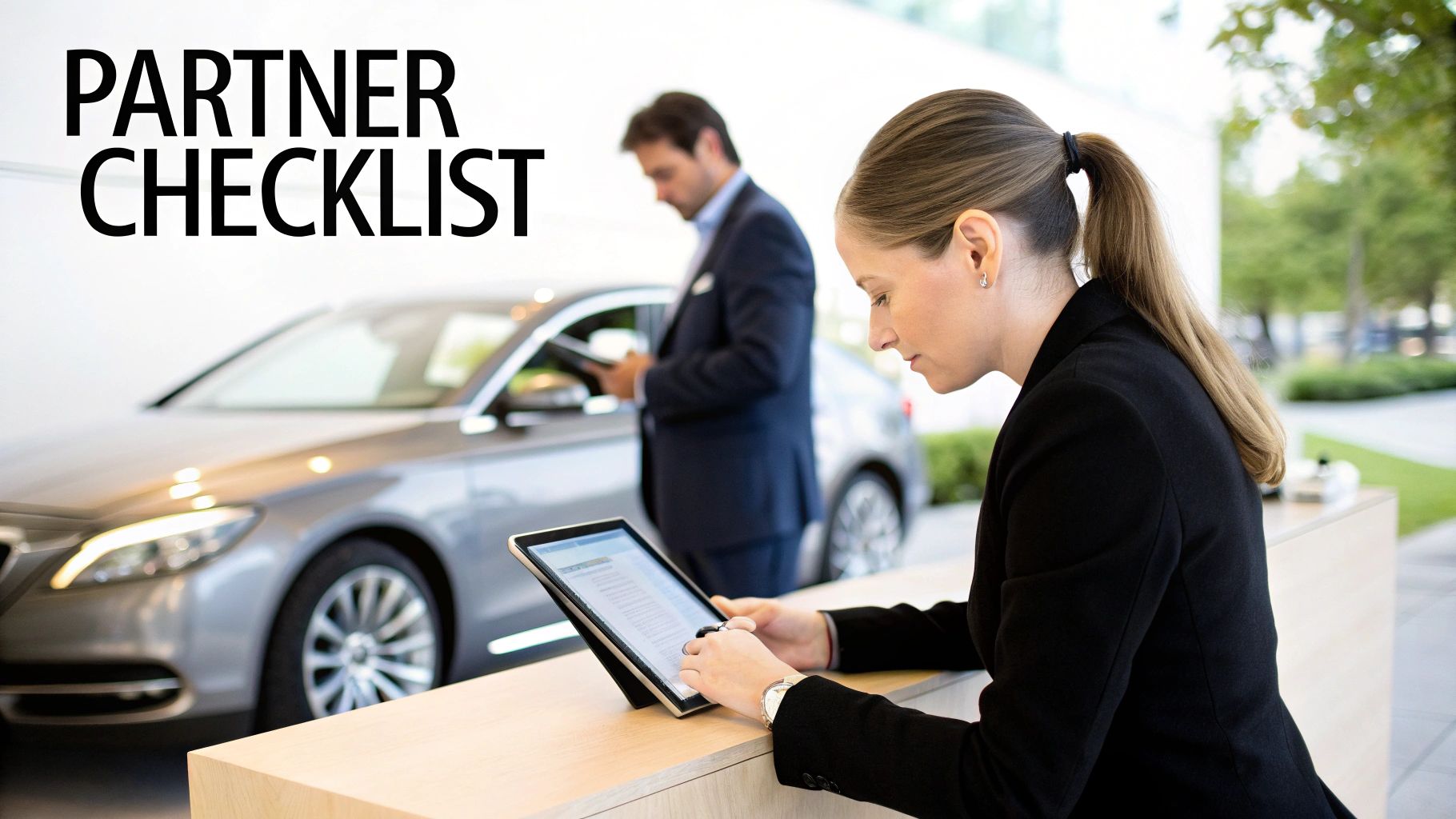 A woman uses a tablet at a counter with 'PARTNER CHECKLIST' text, while a man inspects a car in a showroom.