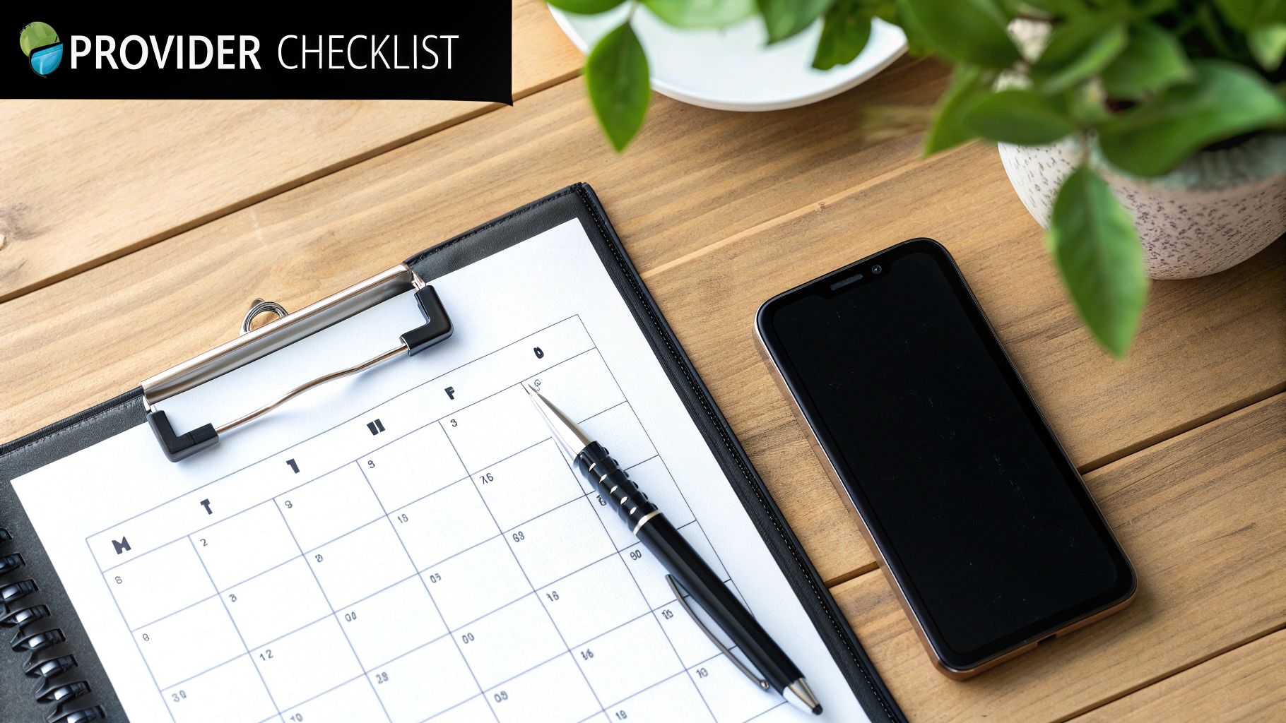 A flat lay of a desk with a calendar on a clipboard, a pen, a smartphone, and a potted plant. A banner reads 'PROVIDER CHECKLIST'.