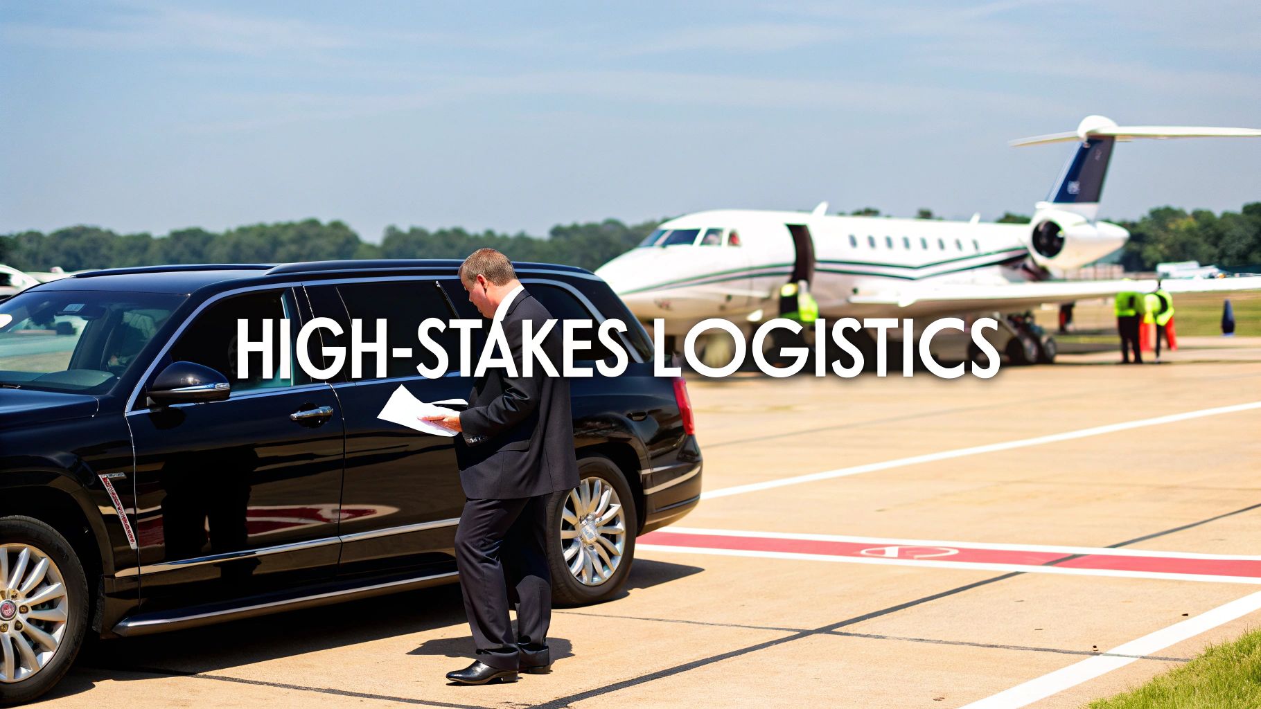 A man in a suit stands by a luxury SUV on an airport tarmac with a private jet in the background.
