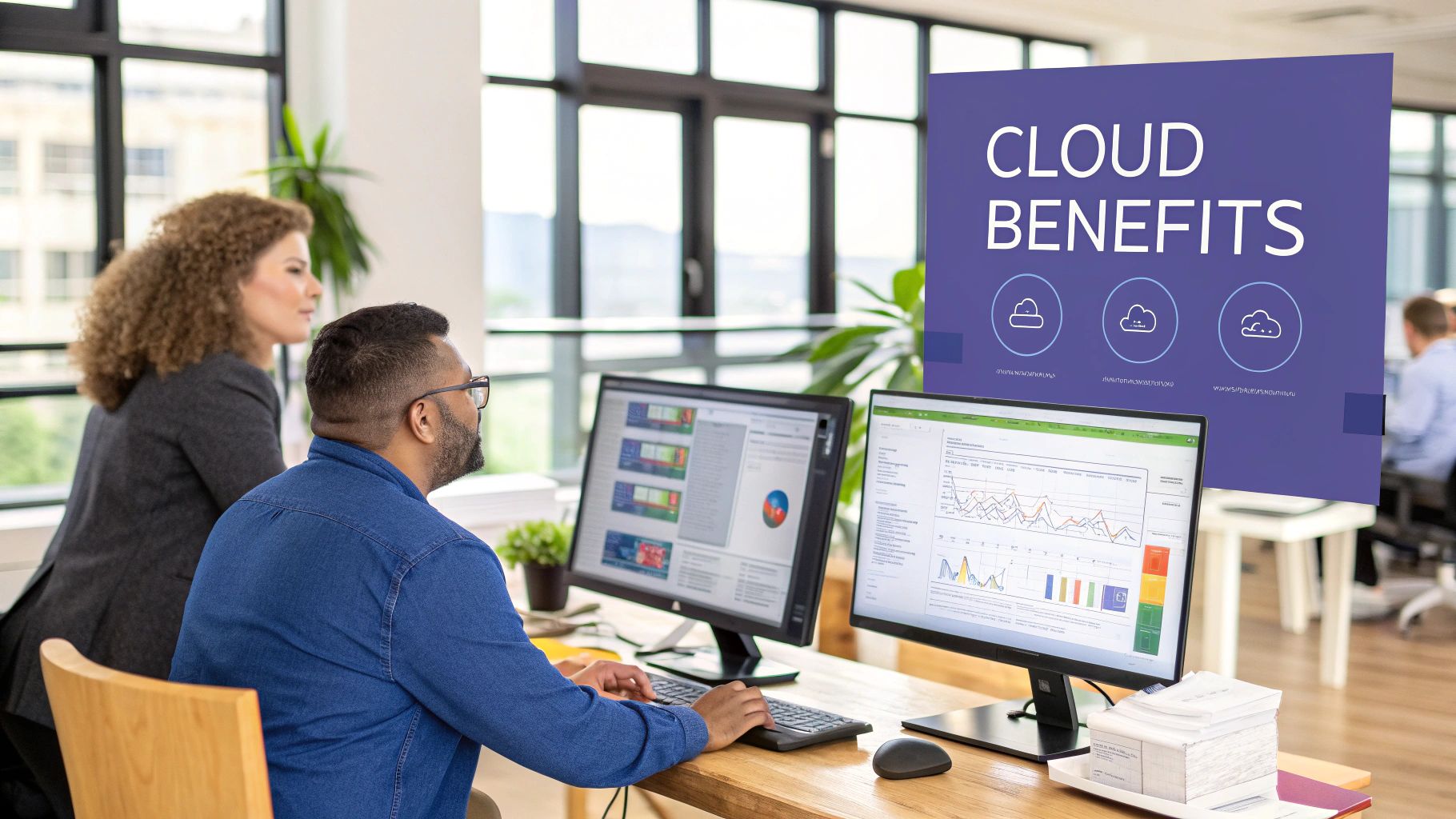 An IT professional managing cloud infrastructure on a large screen, representing the hands-on nature of managed cloud services