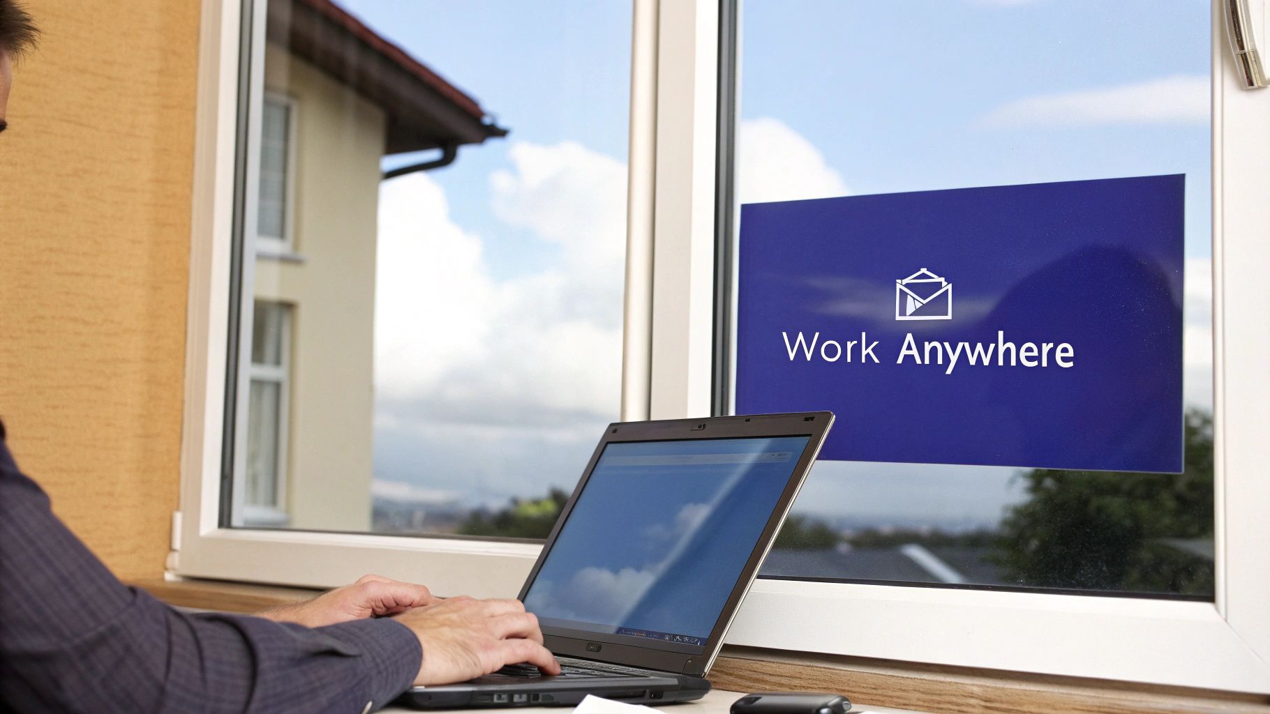 A person works on a laptop by a window with a 'Work Anywhere' sign, symbolizing remote work.