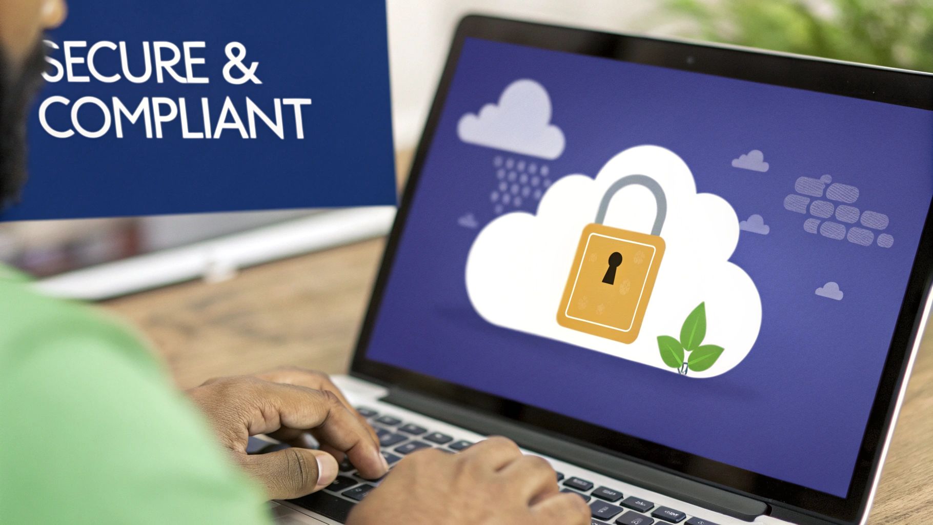 Image of a person working on a laptop with cloud icons in the background