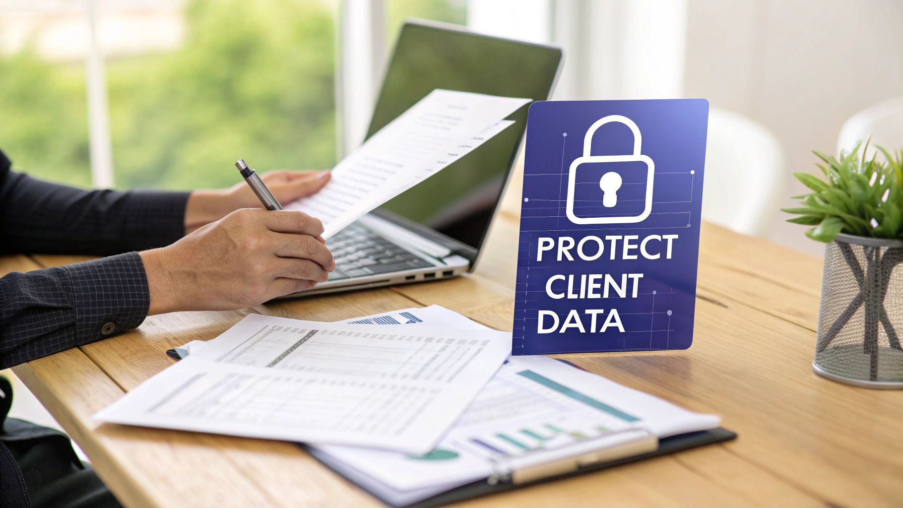 A person works on a laptop and documents, with a prominent 'PROTECT CLIENT DATA' sign on the desk.