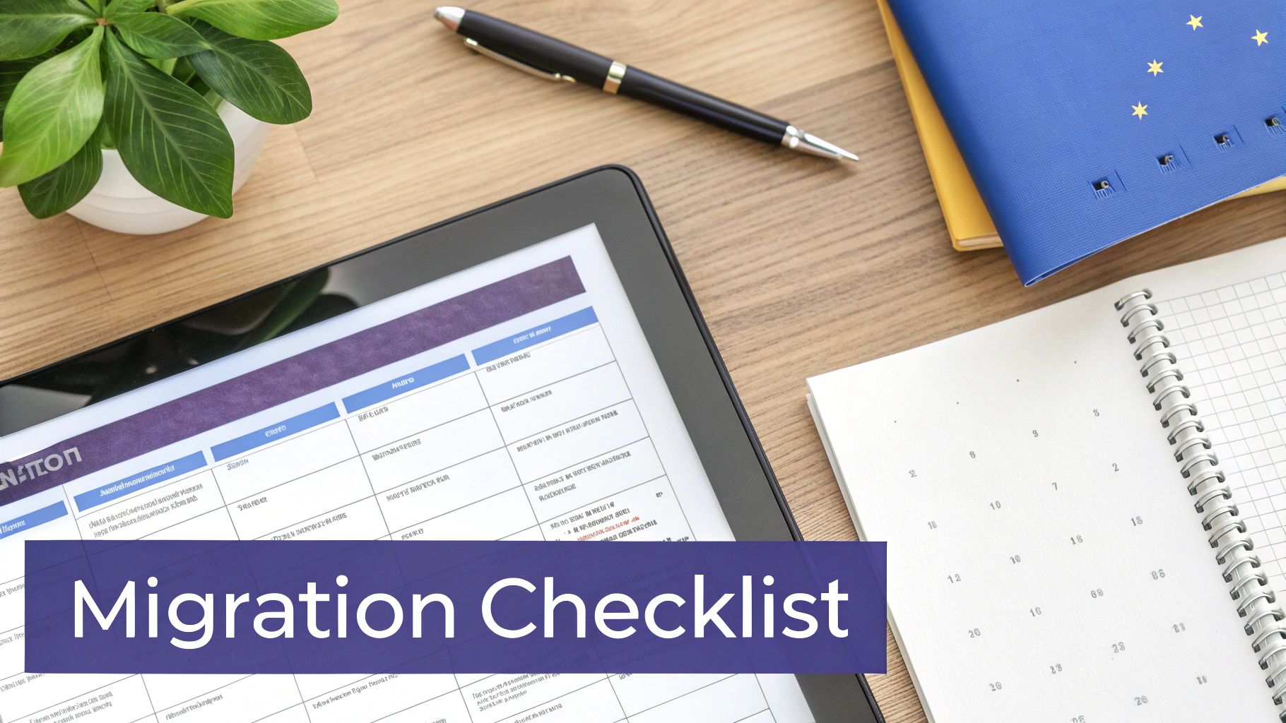 Migration checklist displayed on tablet with notebook, pen, and plant on wooden desk